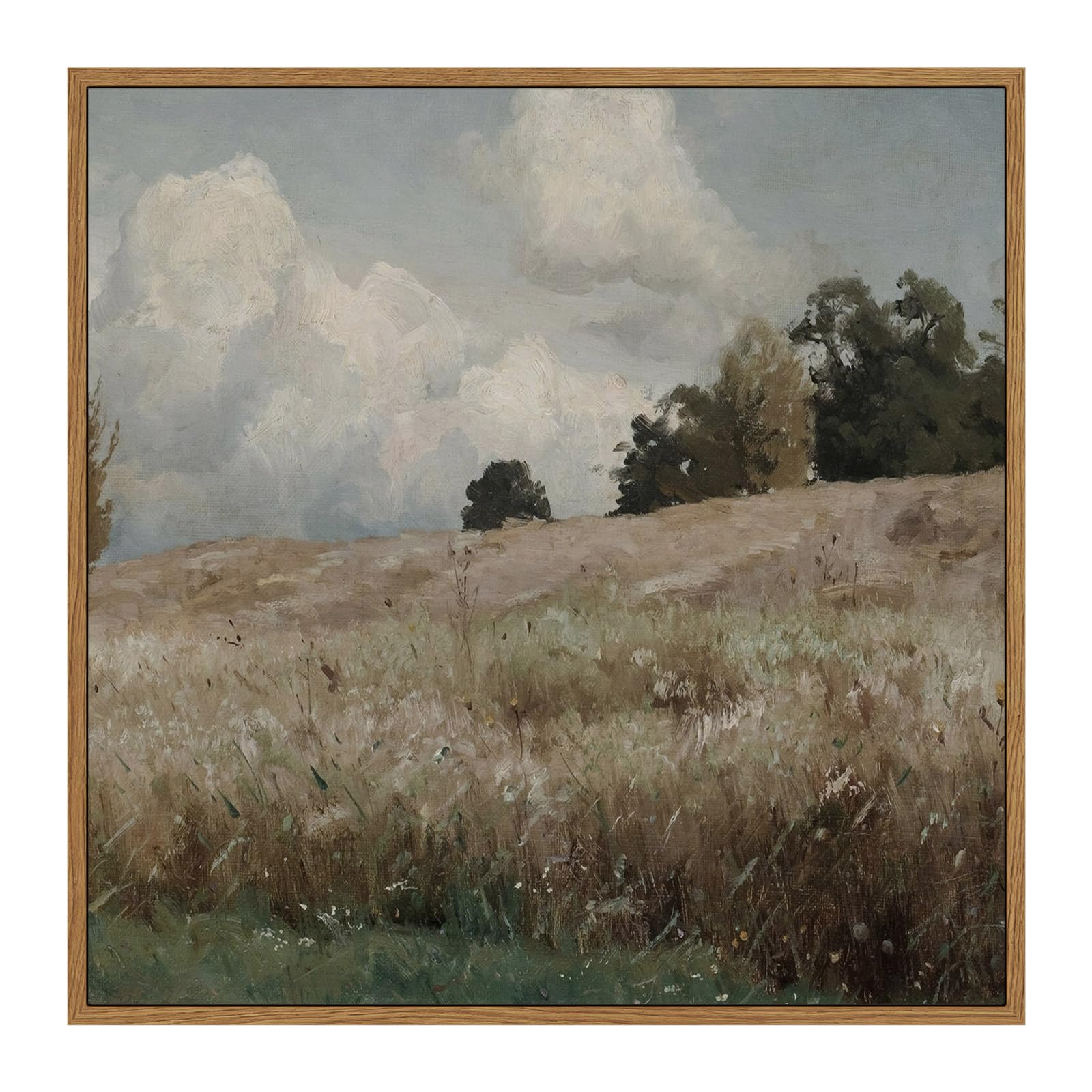 Insimsea Square Framed Canvas Wall Art, Vintage Scenery Farmhouse Vast Field Grassland Wall Art Decor, Classical Nature Painting