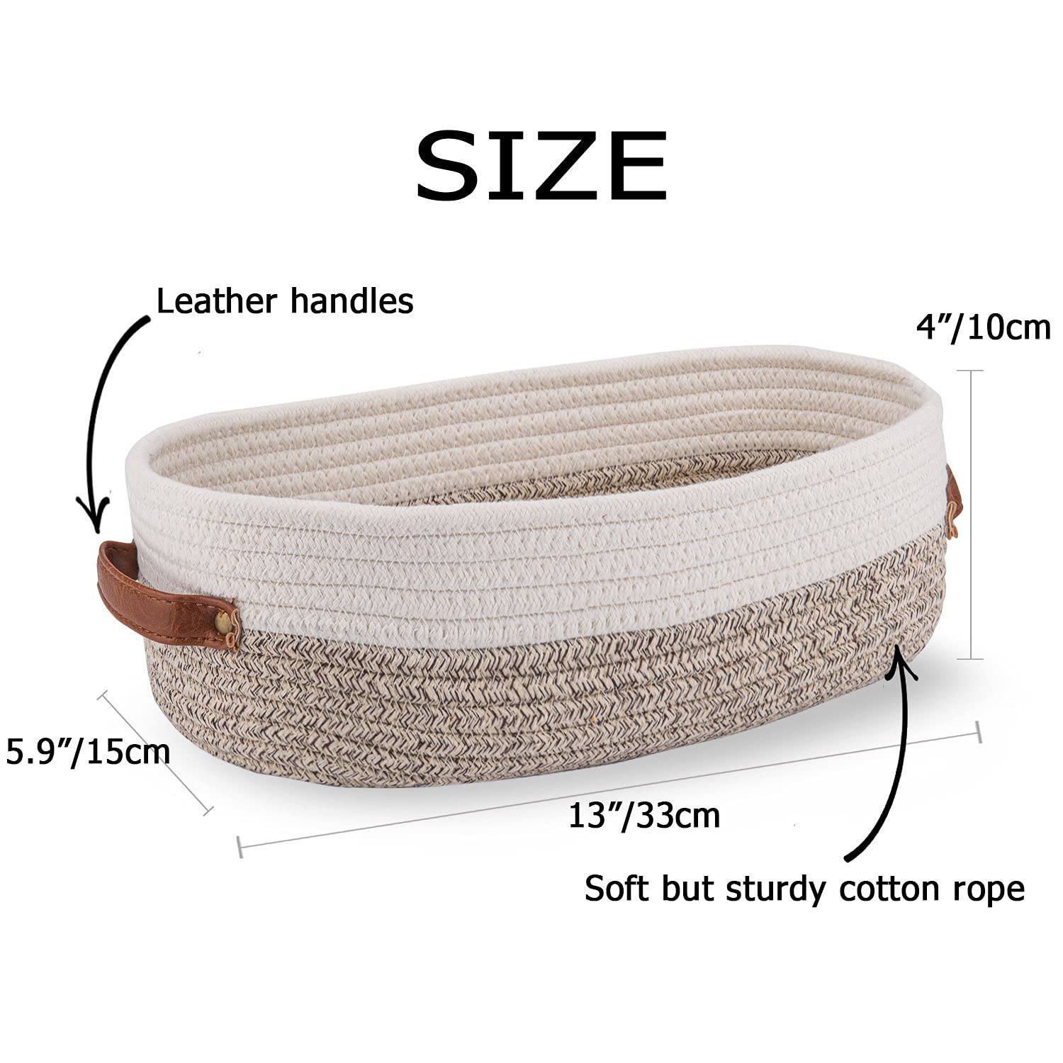 Oradrem 2 Pack Woven Storage Basket for Toilet Tank Top Farmhouse Home Decor Organizing Basket for Bathroom Table and Counter 13''x5.9''x4'' Apricot Stitching White