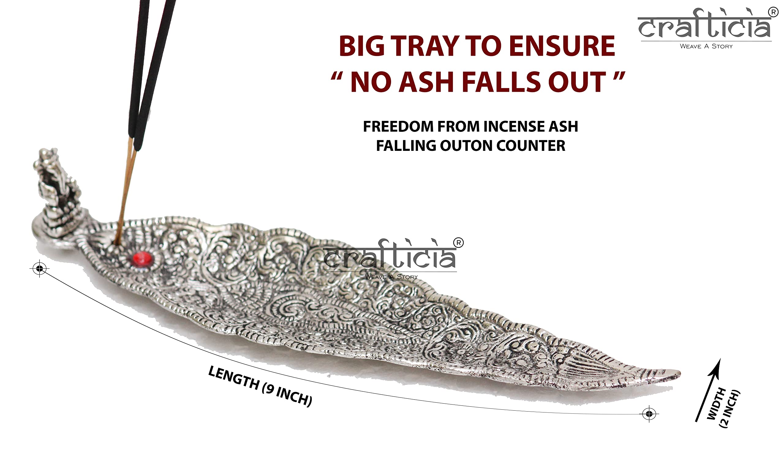 Crafticia Aluminum Incense Holder & Ash Catcher Agarbatti Stand Featuring Ganesh Figurine (9x2 inch) (Silver, 10)