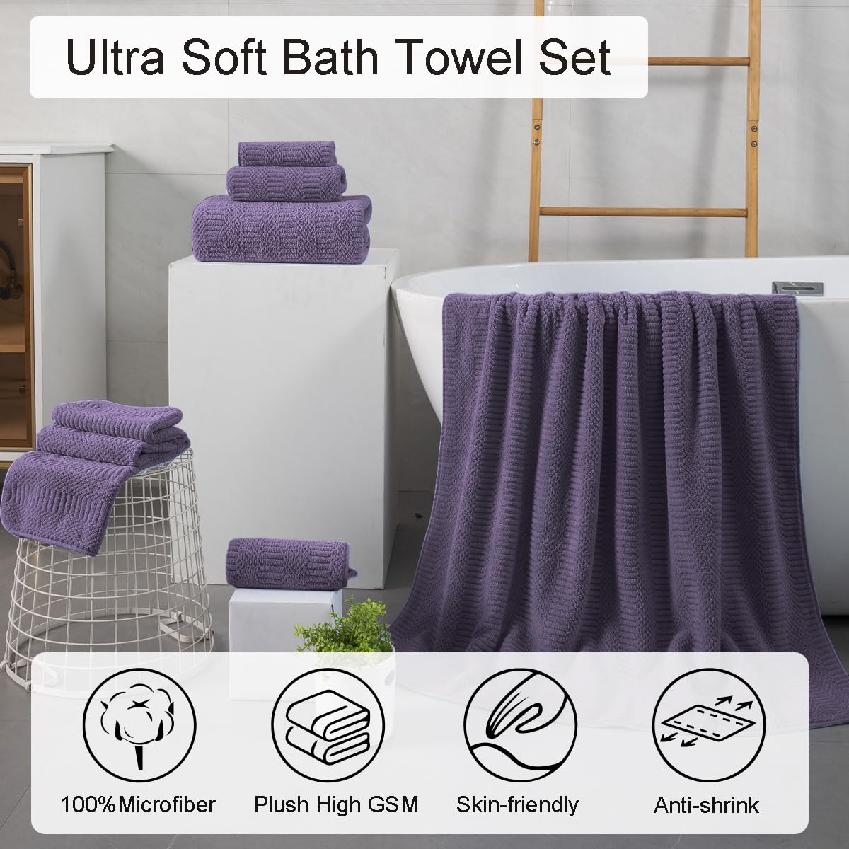 4 Piece Large Bath Towel Set 35''x70'' Purple Extra Large Bath Sheets Oversized Jumbo Towels 600GSM Soft Highly Absorbent Quick Dry Beach Chair Towels Woven Towels for Bathroom Hotel and Spa
