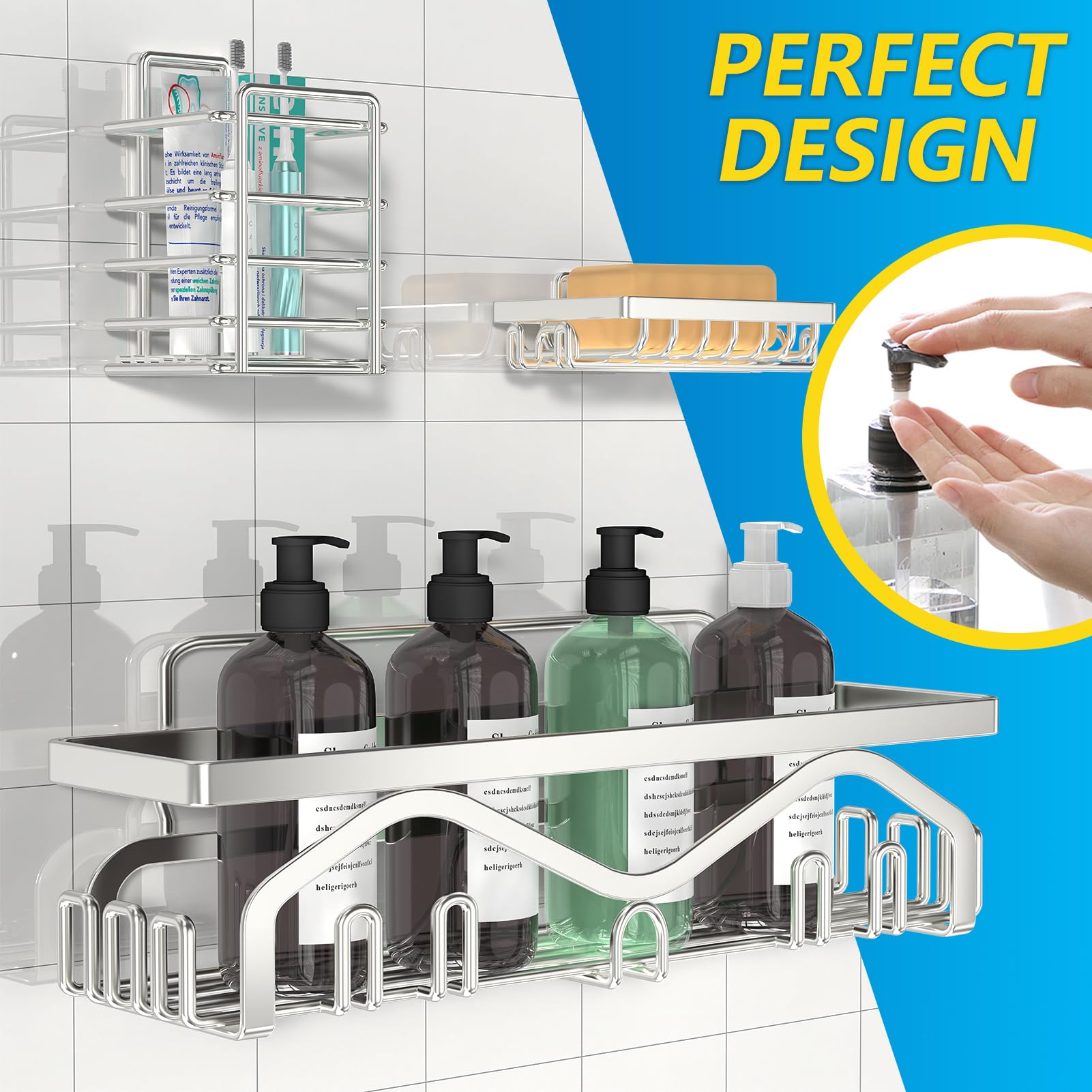 Coraje Shower Organizer [5-Pack] Shower Shelves for Inside Shower Adhesive Shower Caddy  No Drilling Rustproof Stainless Steel Extra Large Bathroom Shower shelf  Silver
