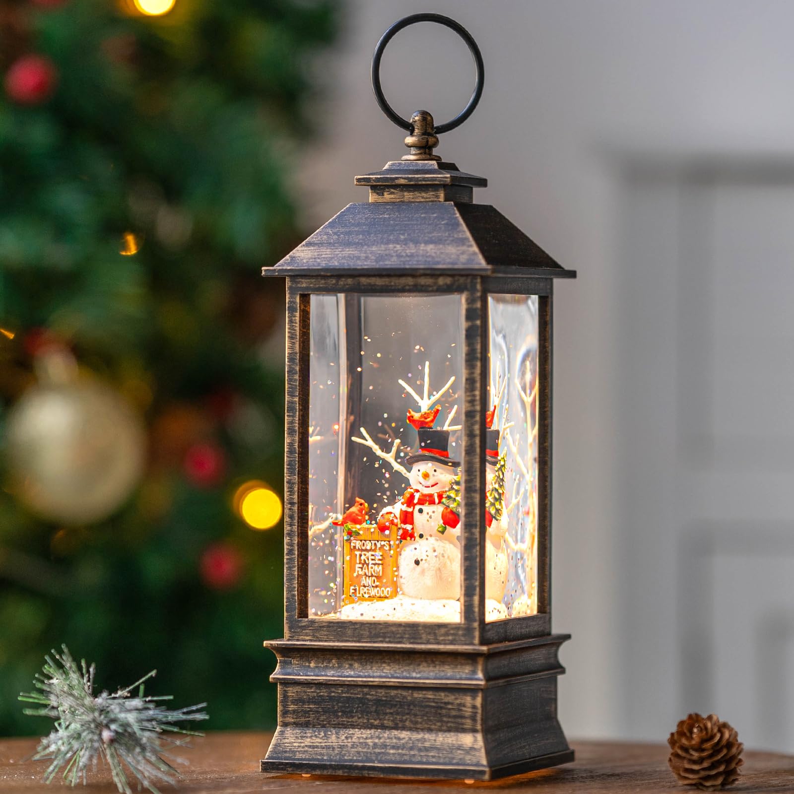 10 Frostys Tree Farm Snowman Musical Lighted Snow Globe Water Lantern with Swirling Glitter Decoration for Christmas Home, Li