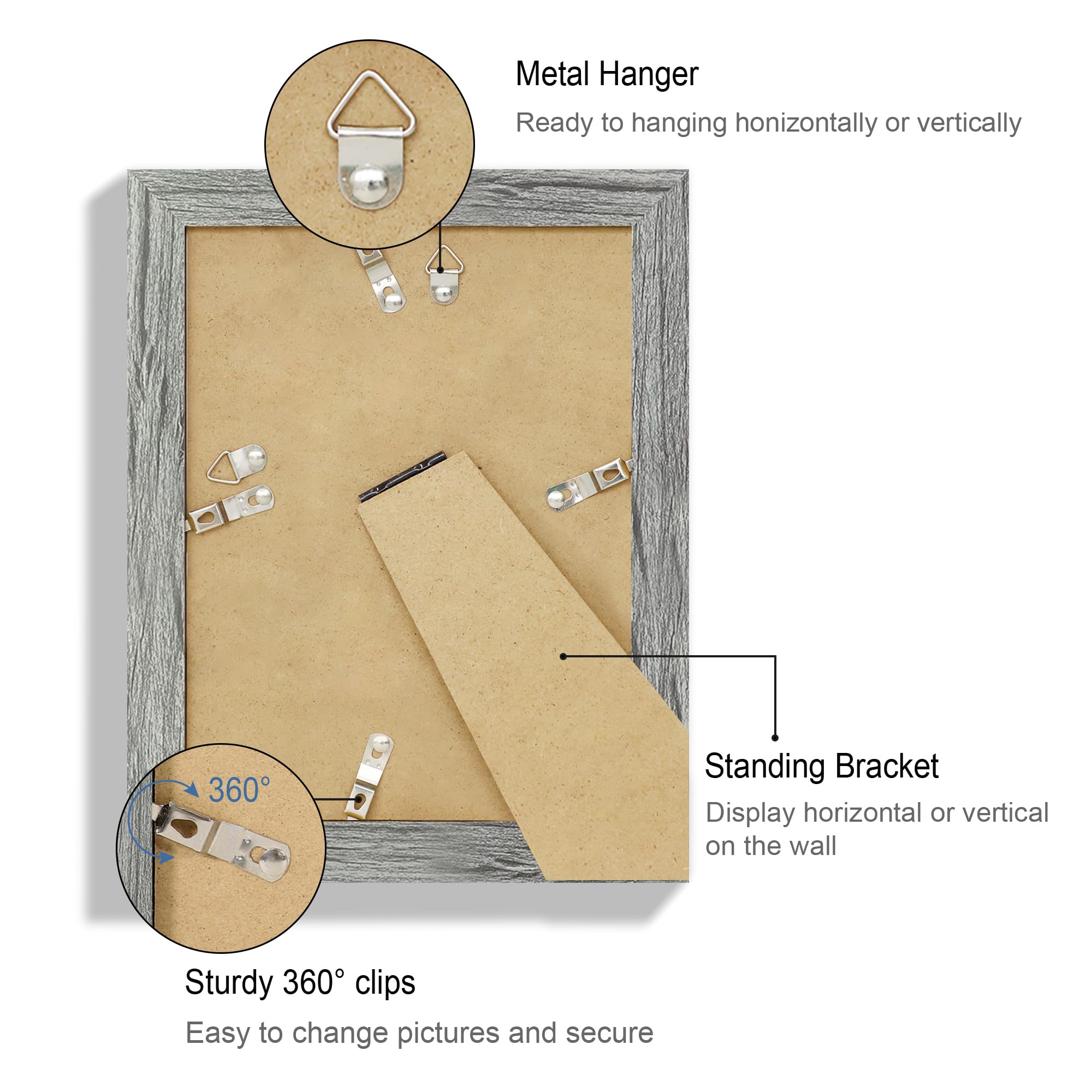Hongkee 6x8 Picture Frame Set of 4, Made of Real Glass and Grey Frame - Display Picture 4x6 with Mat or 6x8 Without Mat, 6 by 8