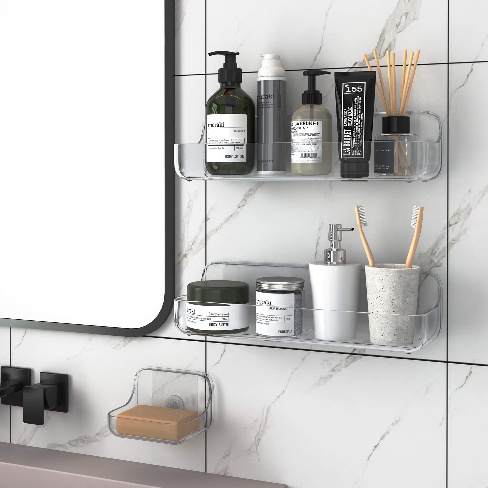 Tzamli Shower Caddy With Soap Dish, Adhesive Shower Organizer Plastic Shower Shelf Wall Mounted Shower Rack For Bathroom Storage