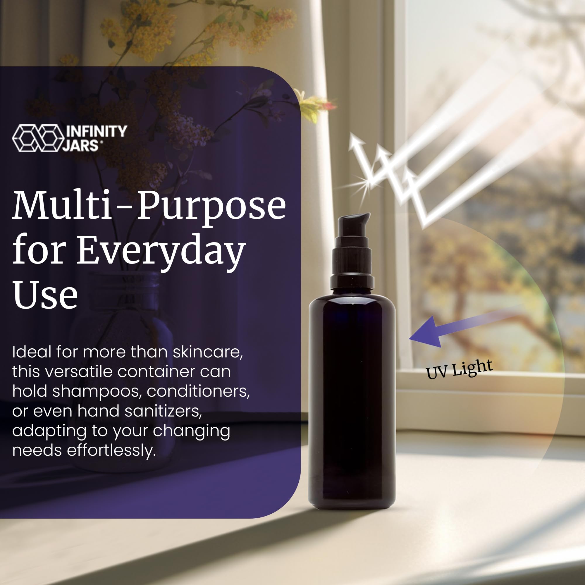 Infinity Jars 100 Ml (3.4 Fl Oz) Refillable Ultraviolet Black Glass Pump Bottles Leak-Proof Travel Containers For Toner, Sanitiz