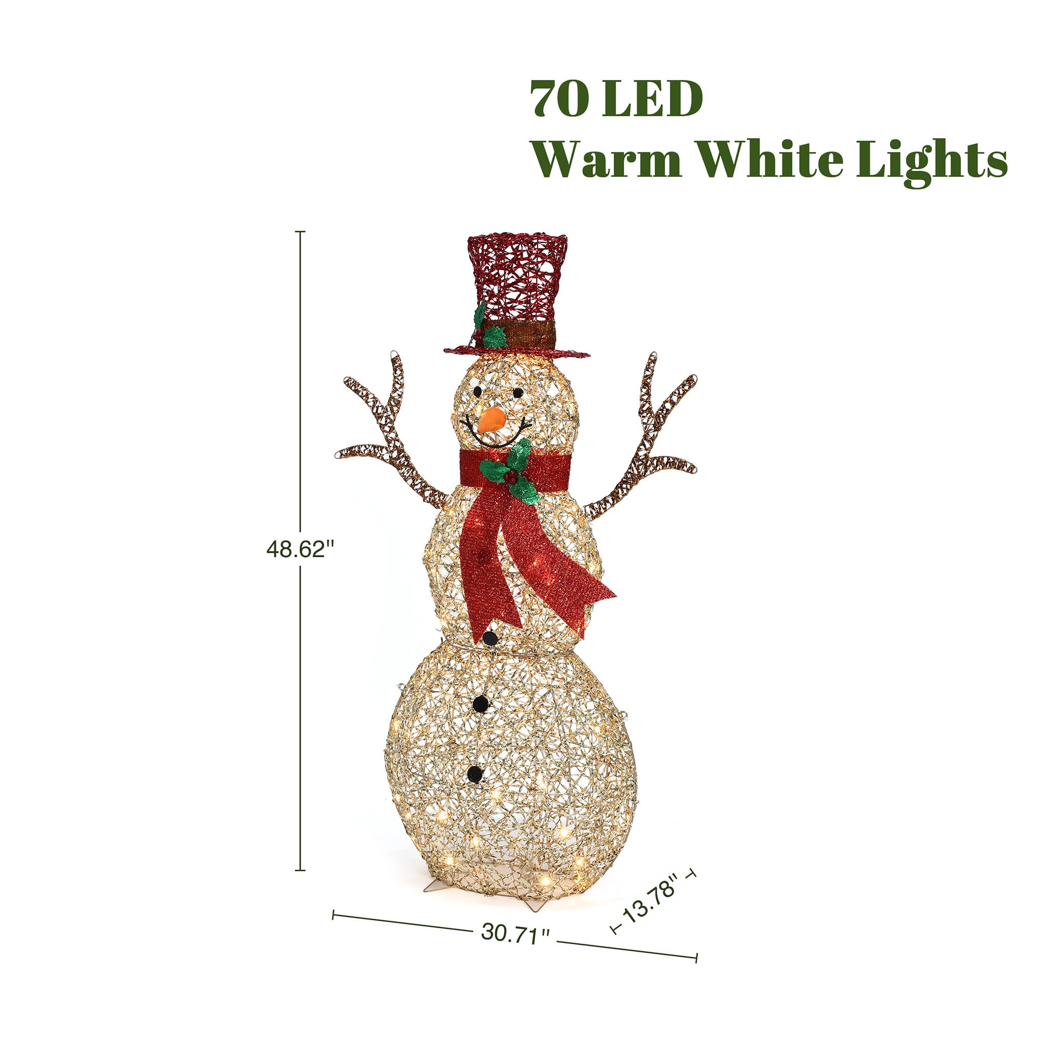 LuxenHome 4FT Lighted Snowman Outdoor Christmas Decorations, Gold Light Up Snowman Christmas Decor with 70 LED Light, Red Scarf