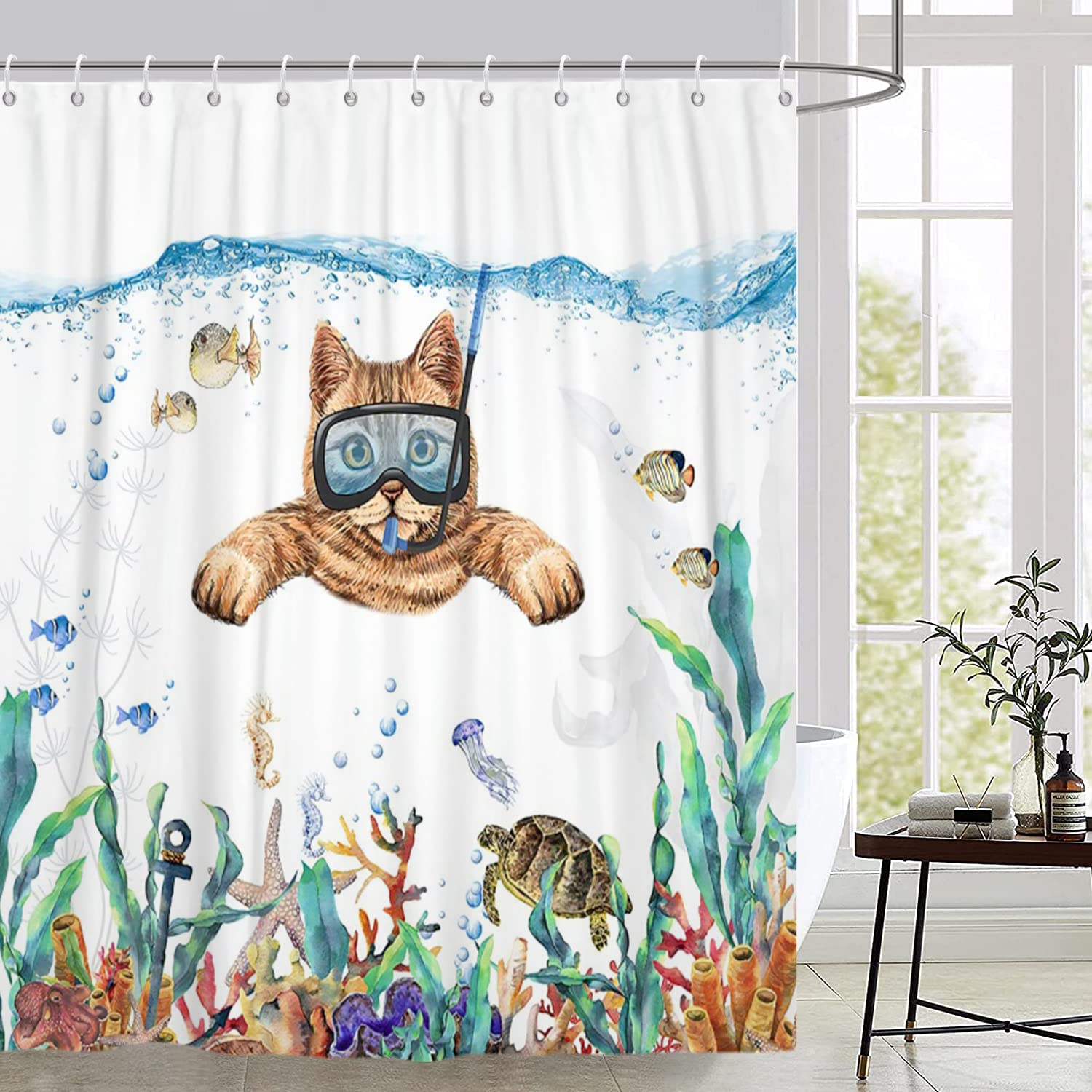 Funny Cat Shower Curtain, Cute Kitten Swimming In Teal Blue Ocean Sea Turtle Tropical Fish Jellyfish Starfish Coral Bathroom Cur