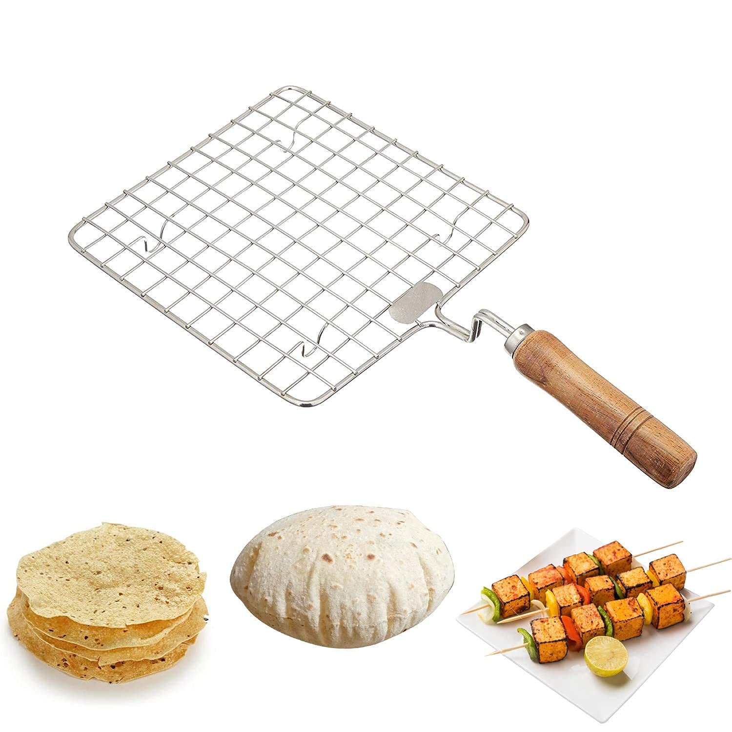 Lsari Steel Size 17 Cm Square Papad Roaster Chapati Roti Jali Barbeque Grill With Wooden Handle (1 Pc)