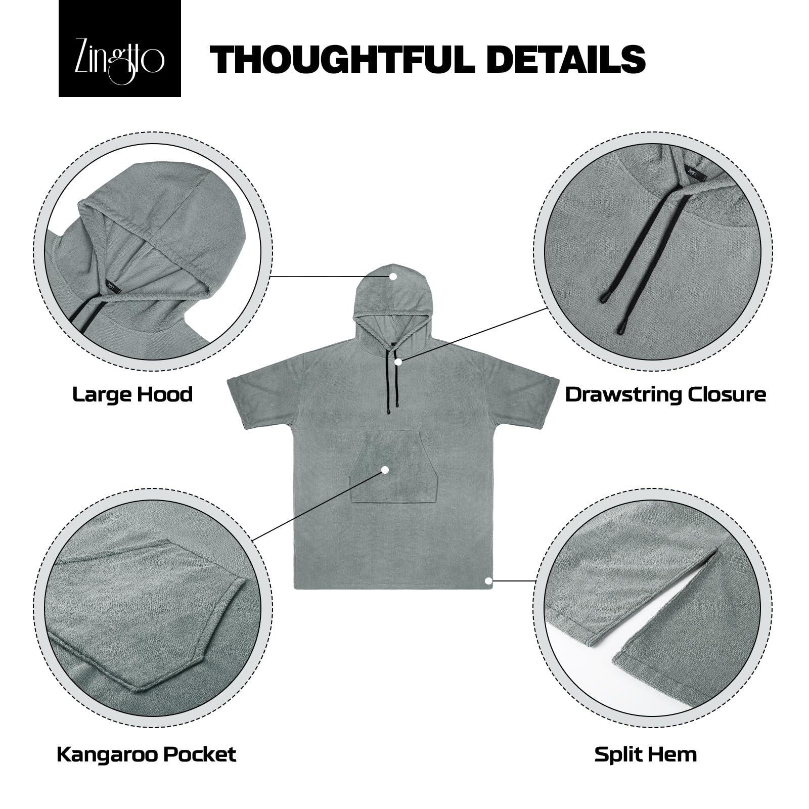 Zingtto Surf Poncho Changing Robe, 3/4 Sleeve Extra Large Thick Hoodie Towel Poncho For Men Women Beach Swimming, 43'' X 35'', G