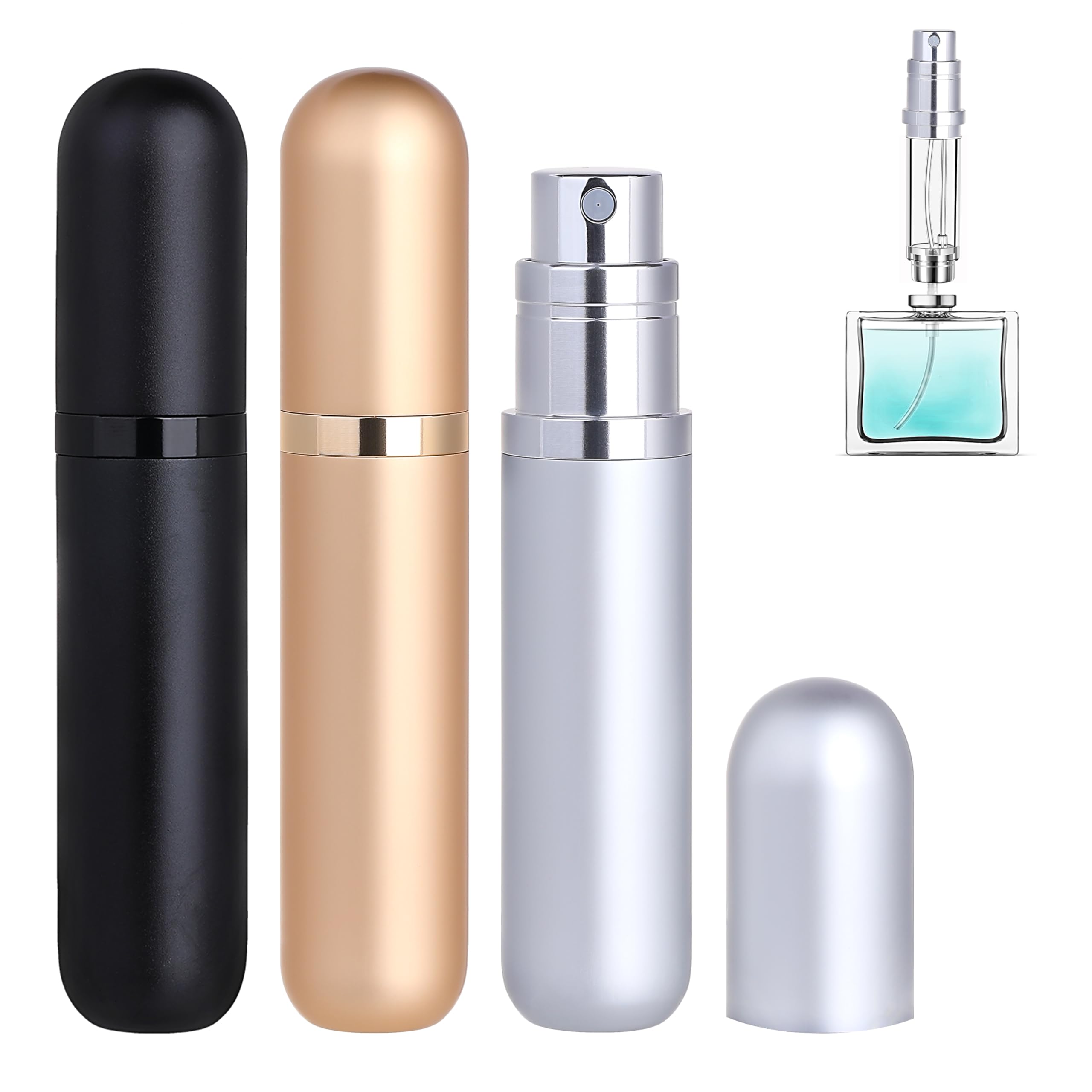 Qavhun Travel Refillable Perfume Atomizer Bottle 3-Pack 5Ml Leakproof Travel Perfume Refillable Bottle (Black & Gold & Silver)