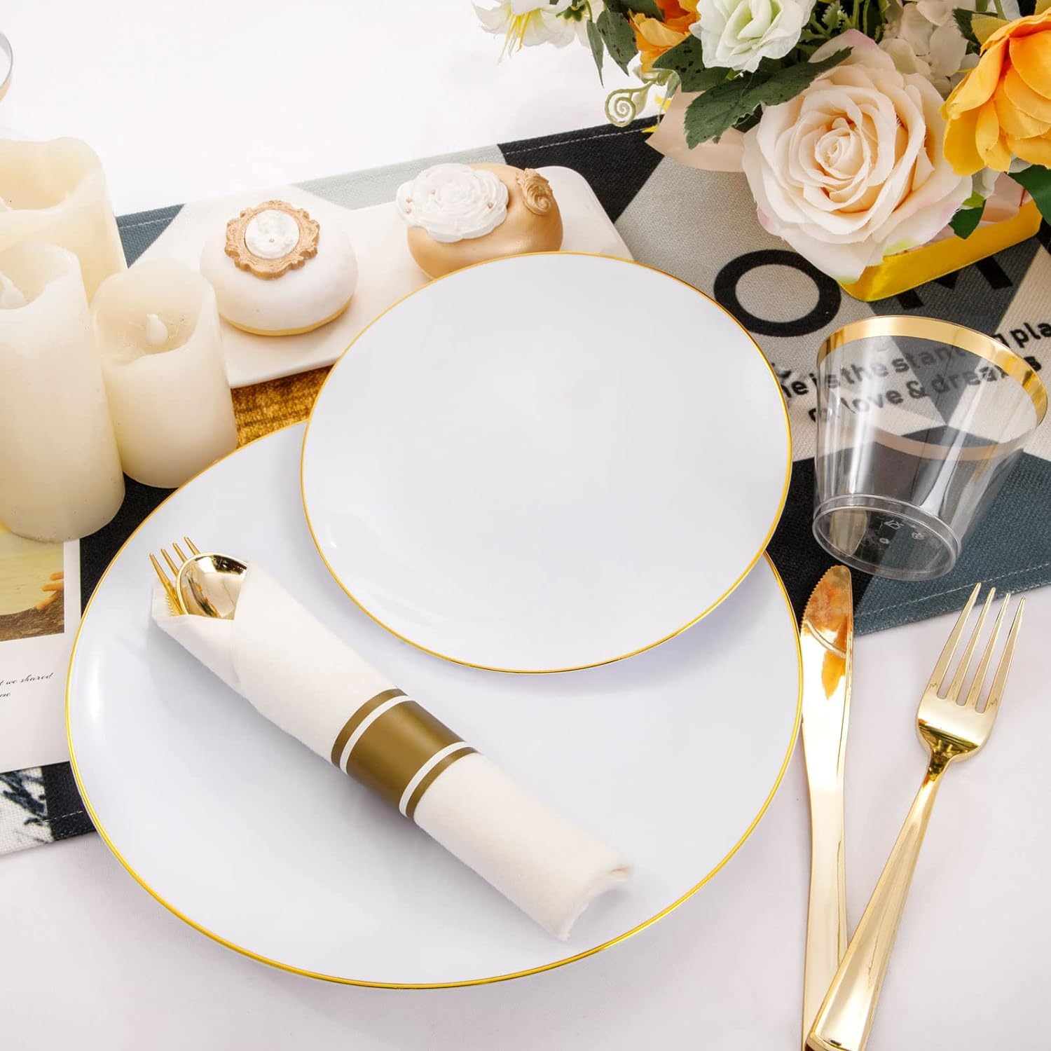 Rubtlamp 140Pcs Thanksgiving Gold Plastic Plates, White Plates with Gold Rim, Disposable Thanksgiving Dinnerware Include 20Dinne