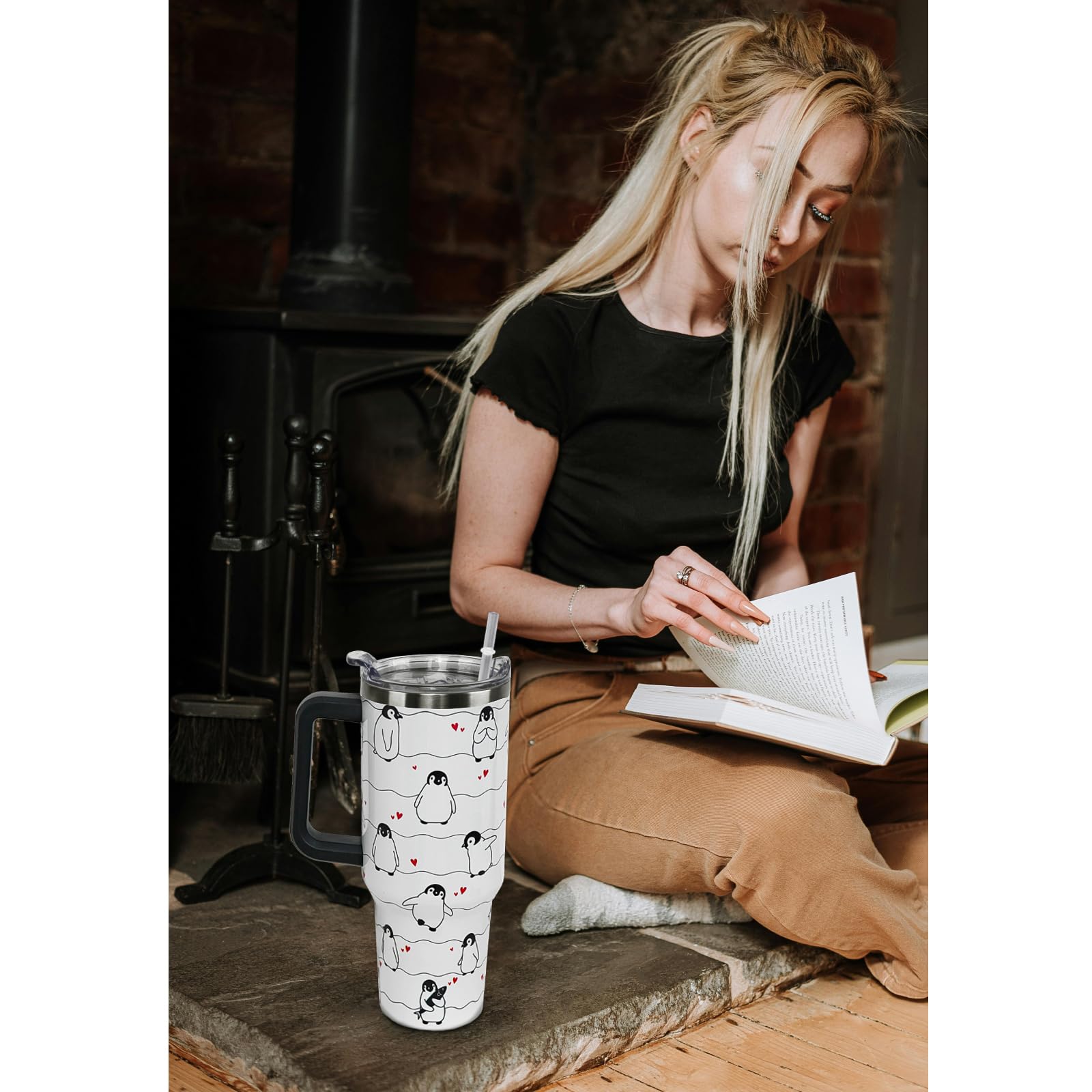 Nqhsionv Penguin Tumbler with Handle and Straw 40 oz Penguin Cup Coffee Travel Mug Stainless Steel Insulated Water Bottle Pengui