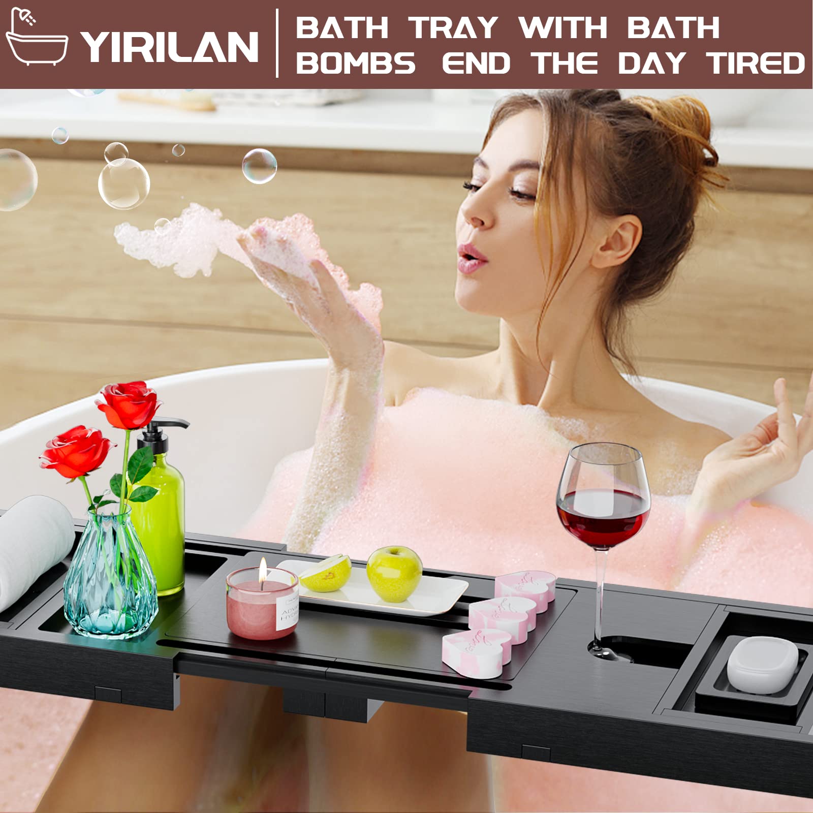 Yirilan Bathtub Caddy Tray, Foldable Bathroom Tray With Extending Side, And Waterproof Fabric Bookshelf, Luxury Bath Tray For 1