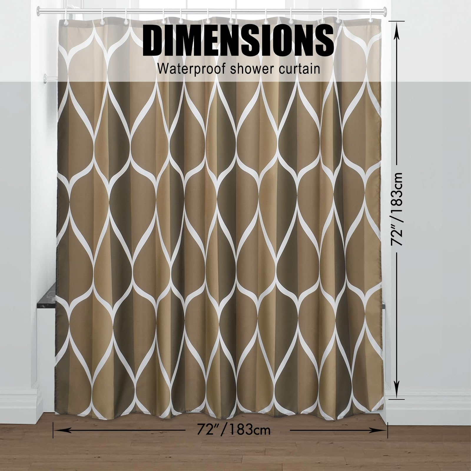 Gelbchu Brown Geometric Shower Curtain  Waterproof Design and Polyester  Quick-Drying  Weighted Hem  Brown Fabric Shower Curtains Set for Bathroom W 72 x H 72  Durable and Washable with 12 Hooks