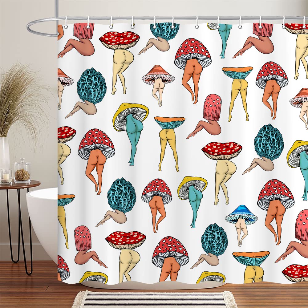 Funny Mushroom Butt Shower Curtain, Fun Cute Sexy Butt 70S 80S Fabric Shower Curtains For Bathroom Hippie Psychedelic Aesthetic