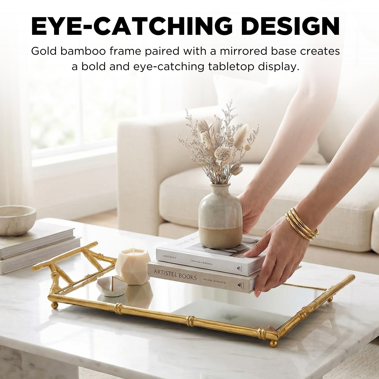 Gold Mirrored Decorative Tray, 20" Large Rectangular Aluminum Bamboo Frame
