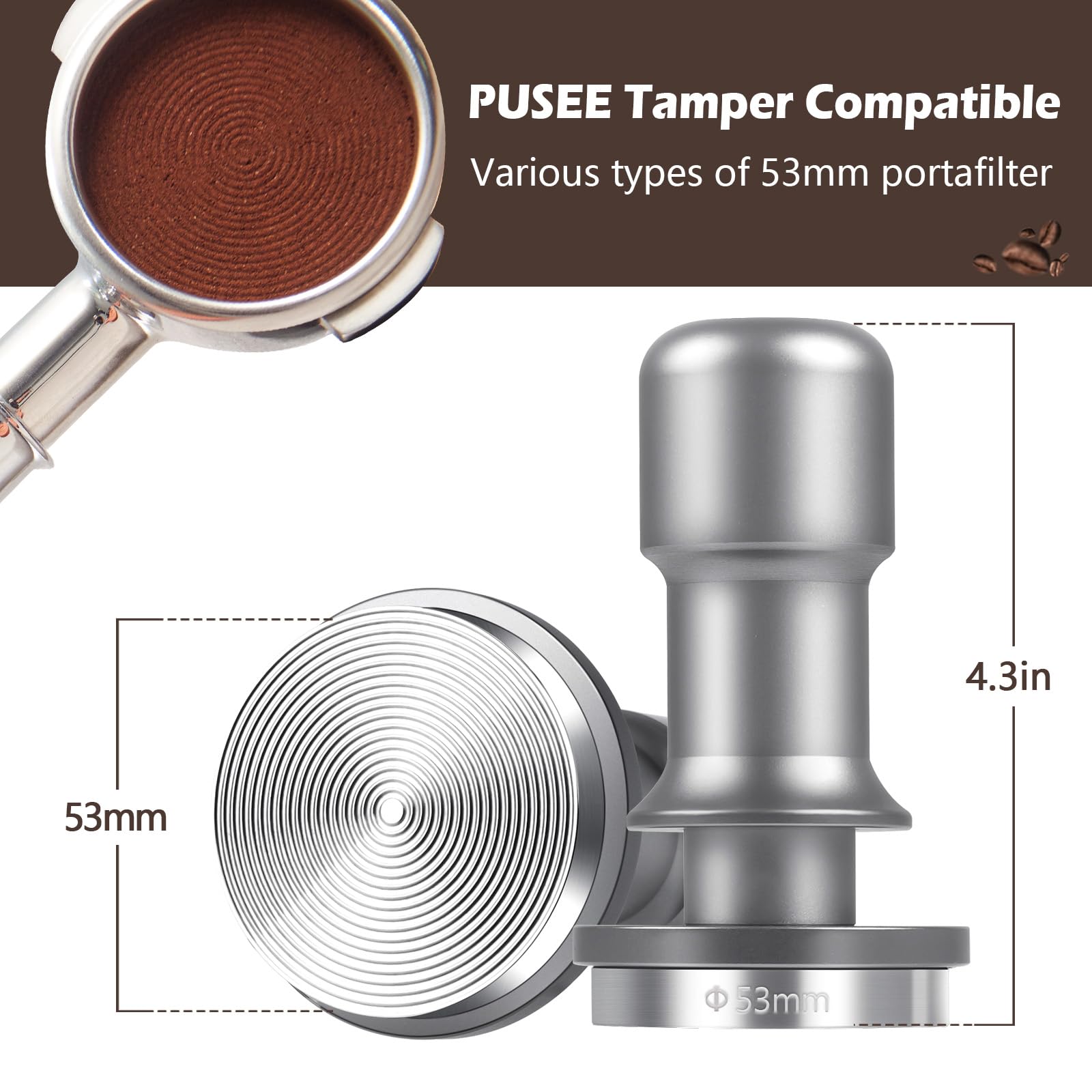 PUSEE 53mm Espresso Coffee Tamper Premium 30lb Calibrated Espresso Tamper Upgrade Coffee Tamper with Spring Loaded 100% Stainless Steel Ground Tamper for Barista Home Coffee Espresso Accessories