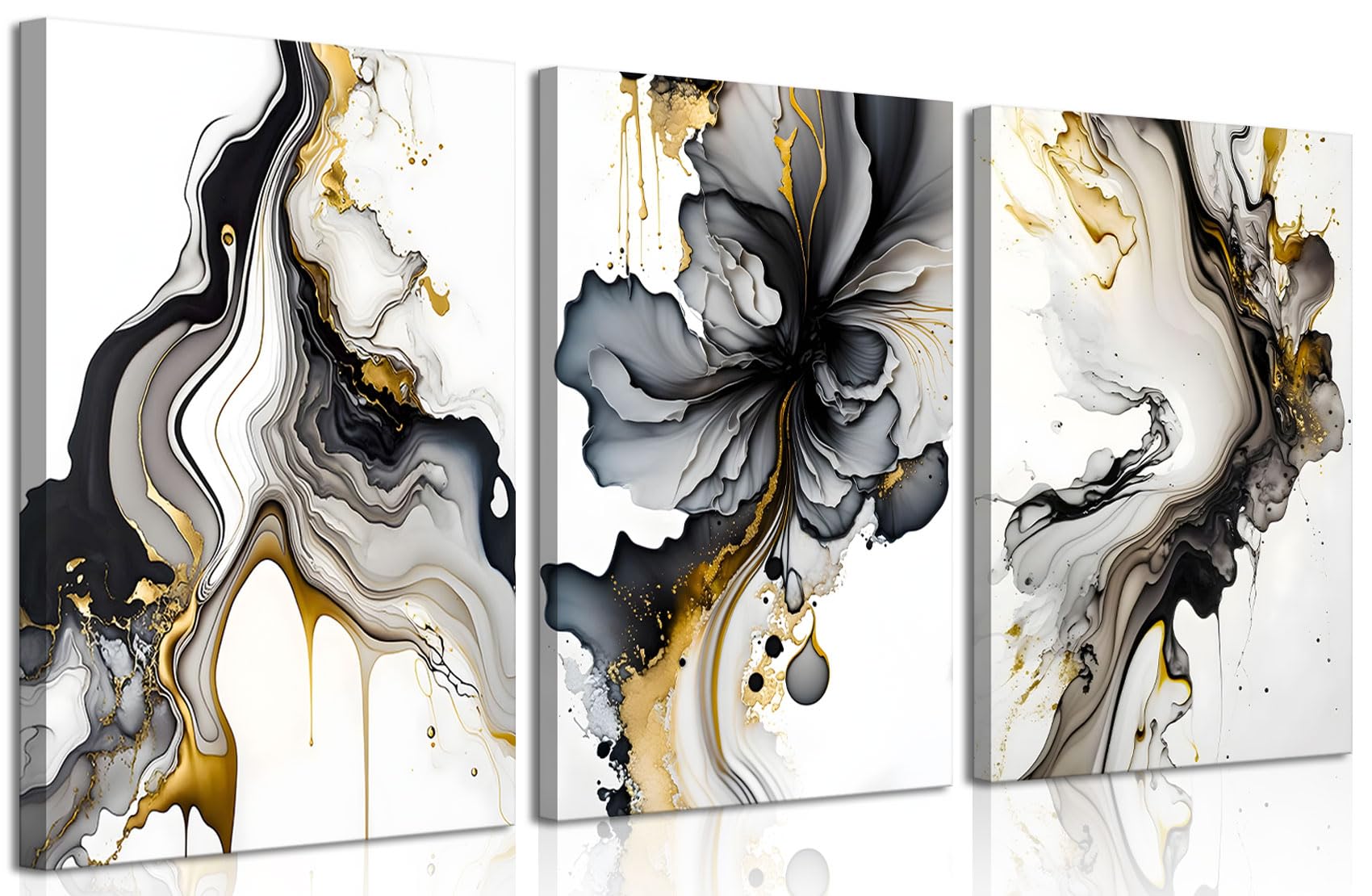3Pcs Framed Black And Gold Abstract Wall Art, Modern Grey And Gold Marble Fluid Canvas Wall Art Prints Posters Wall Decor Pictur