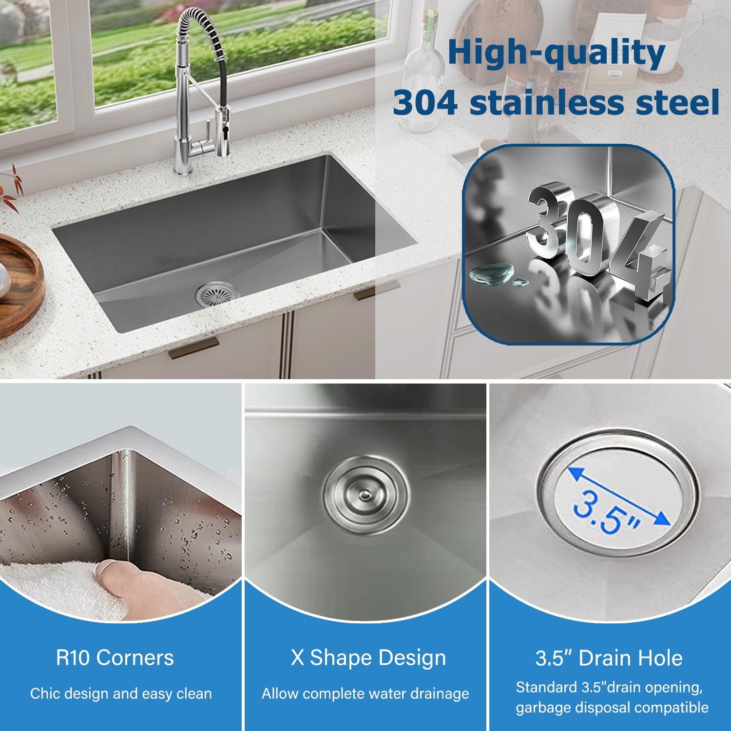 Sinber 32'' x 19'' x 10'' Undermount Single Bowl Kitchen Sink with 18 Gauge 304 Stainless Steel Satin Finish HU3219S-S (Sink Only)