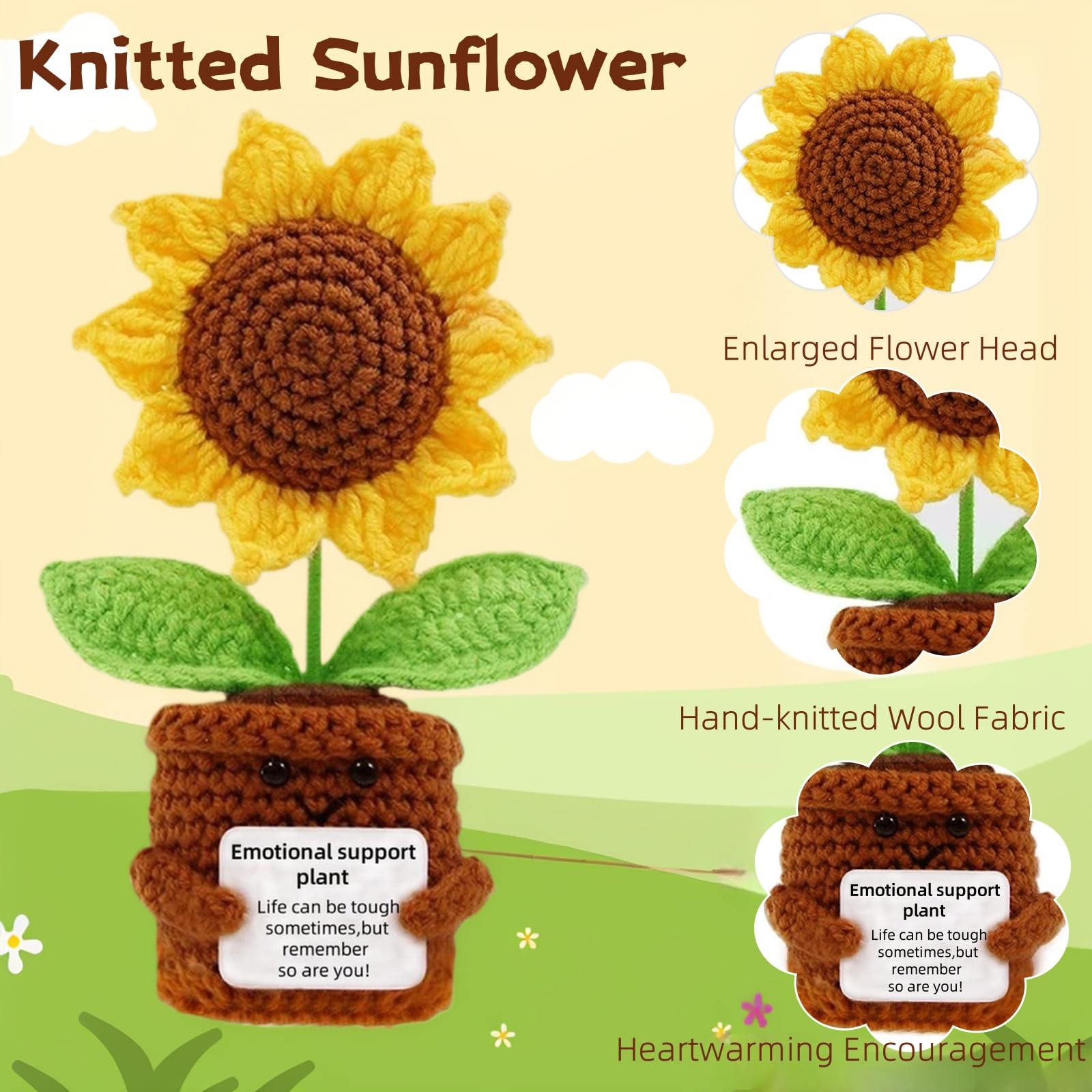 YiQiYi Positive Crochet Sunflower with Card Artical Flowers Emotional Support Plush Plant Crochet Sunflowers Home Office Desk Ca
