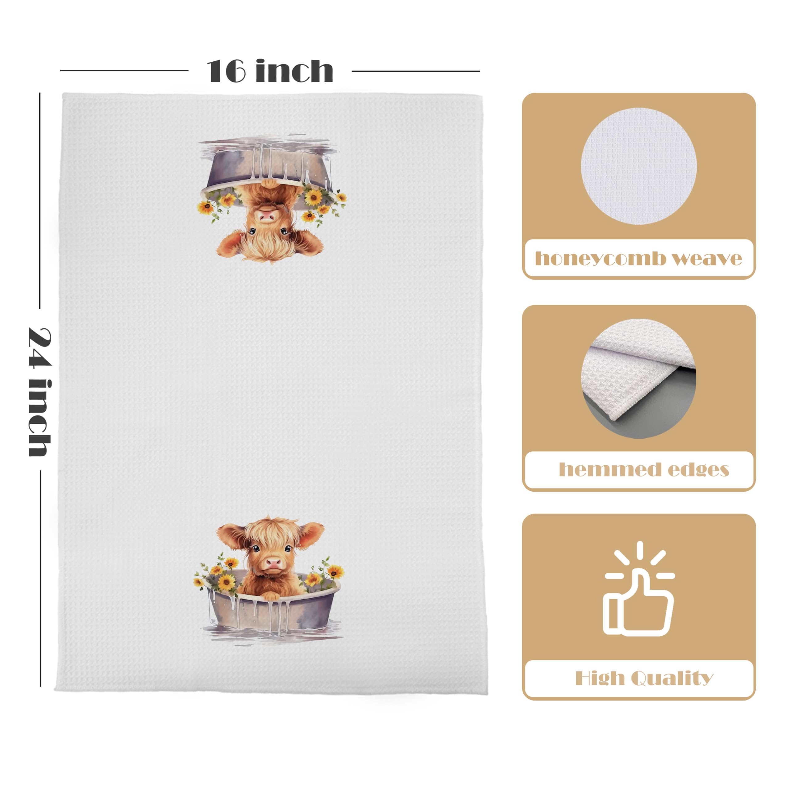 GCFET Highland Cow Dish Towels - Decorative Waffle Kitchen Towels, Sunflower Hand Tea Towels, Gifts (16 X 24 Inch)