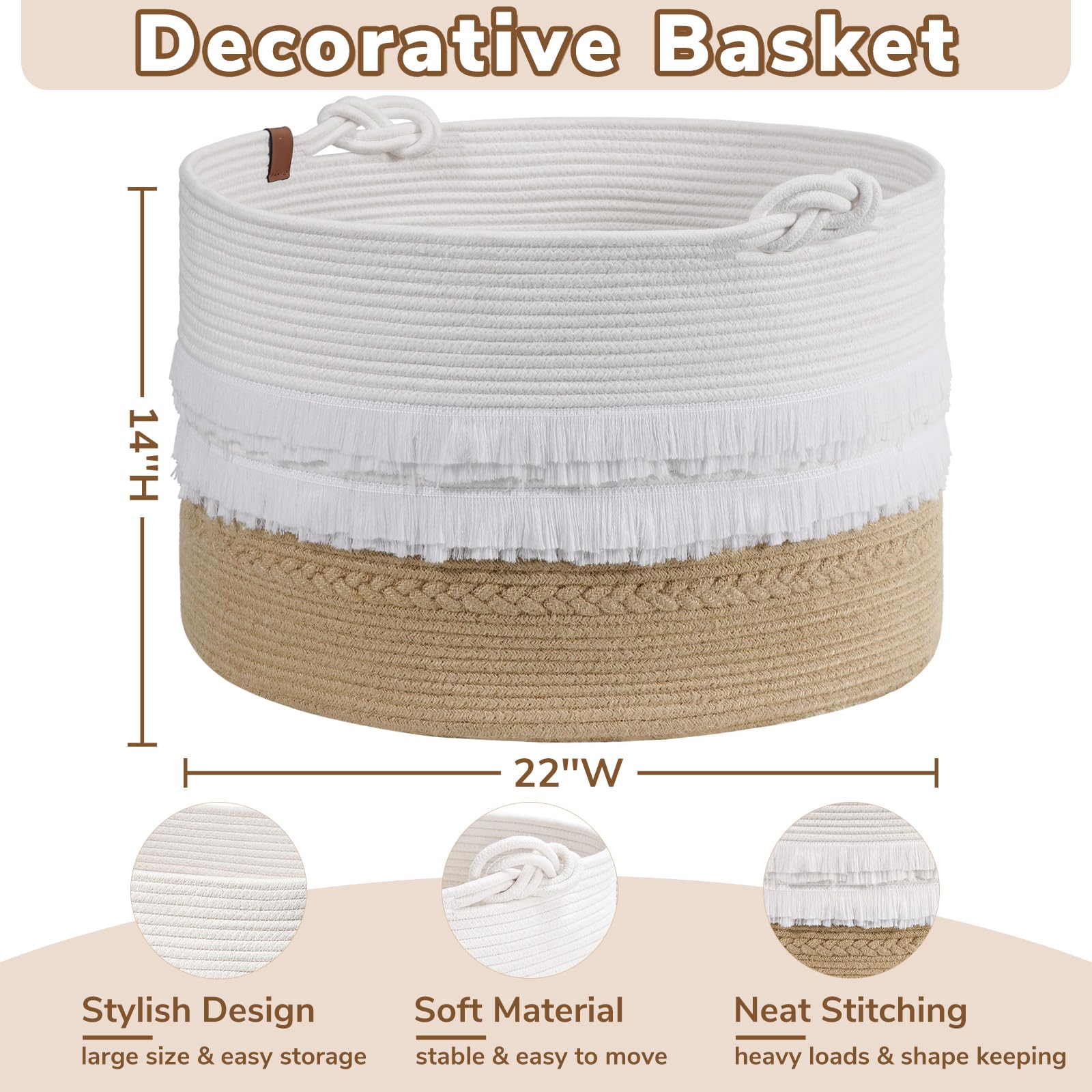 Cherrynow Large Wicker Laundry Basket For Entryway, Bedroom, Jute Decorative Basket For Clothes, Toys, Portable Towel Basket For