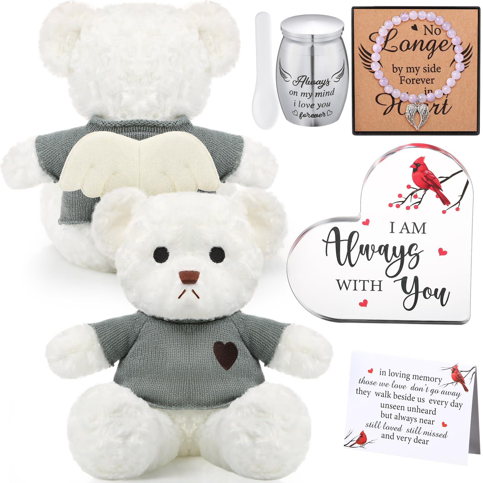 Kenning 5 Pcs Funeral Gift Set Cremation Stuffed Bear for Ashes with Spoon Tiny Urn Keepsake Acrylic Heart Shaped Memorial Plaqu