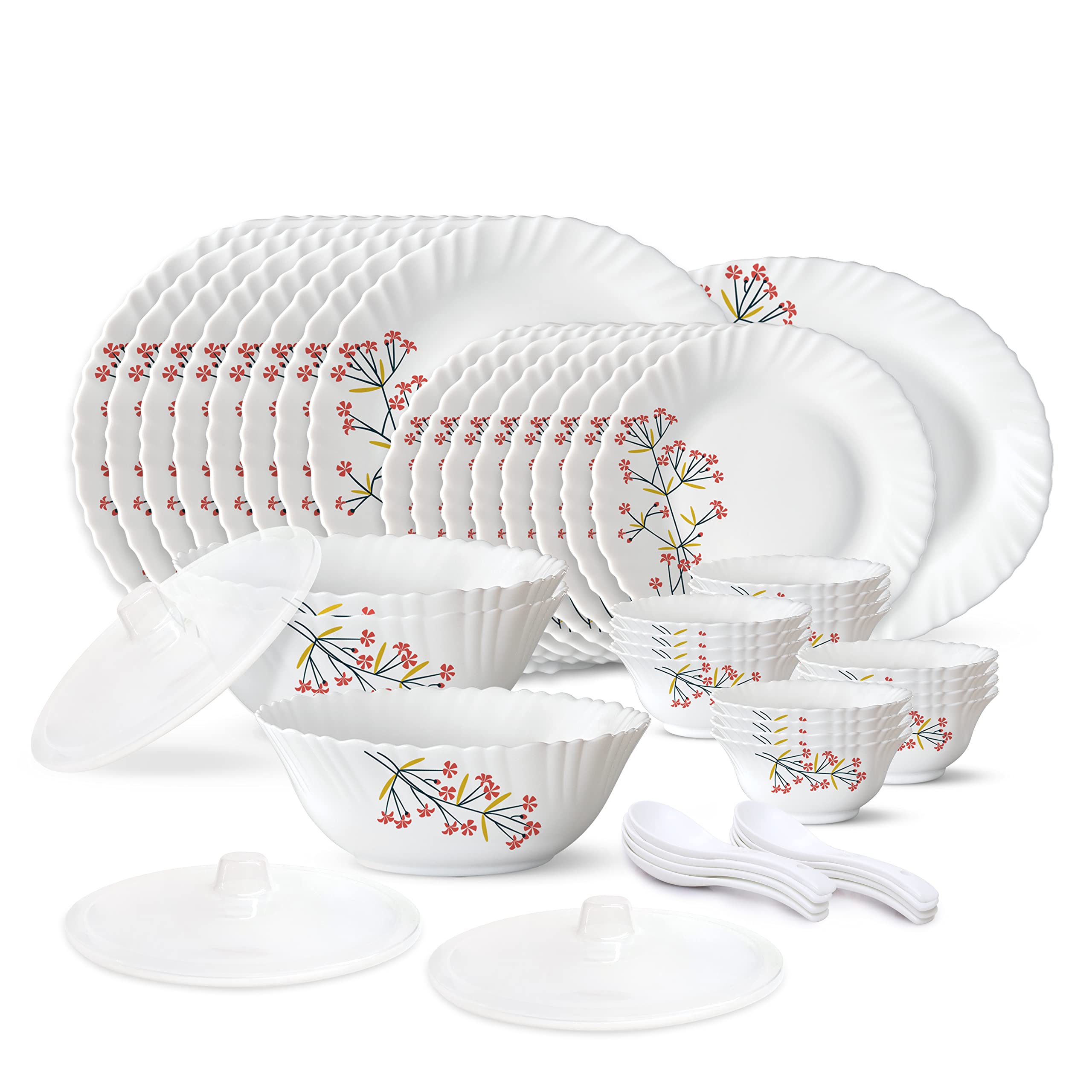 Larah By Borosil Red Bud Silk Series Opalware Dinner Set | 47 Pieces For Family Of 8 | Microwave & Dishwasher Safe | BoneAsh Fr