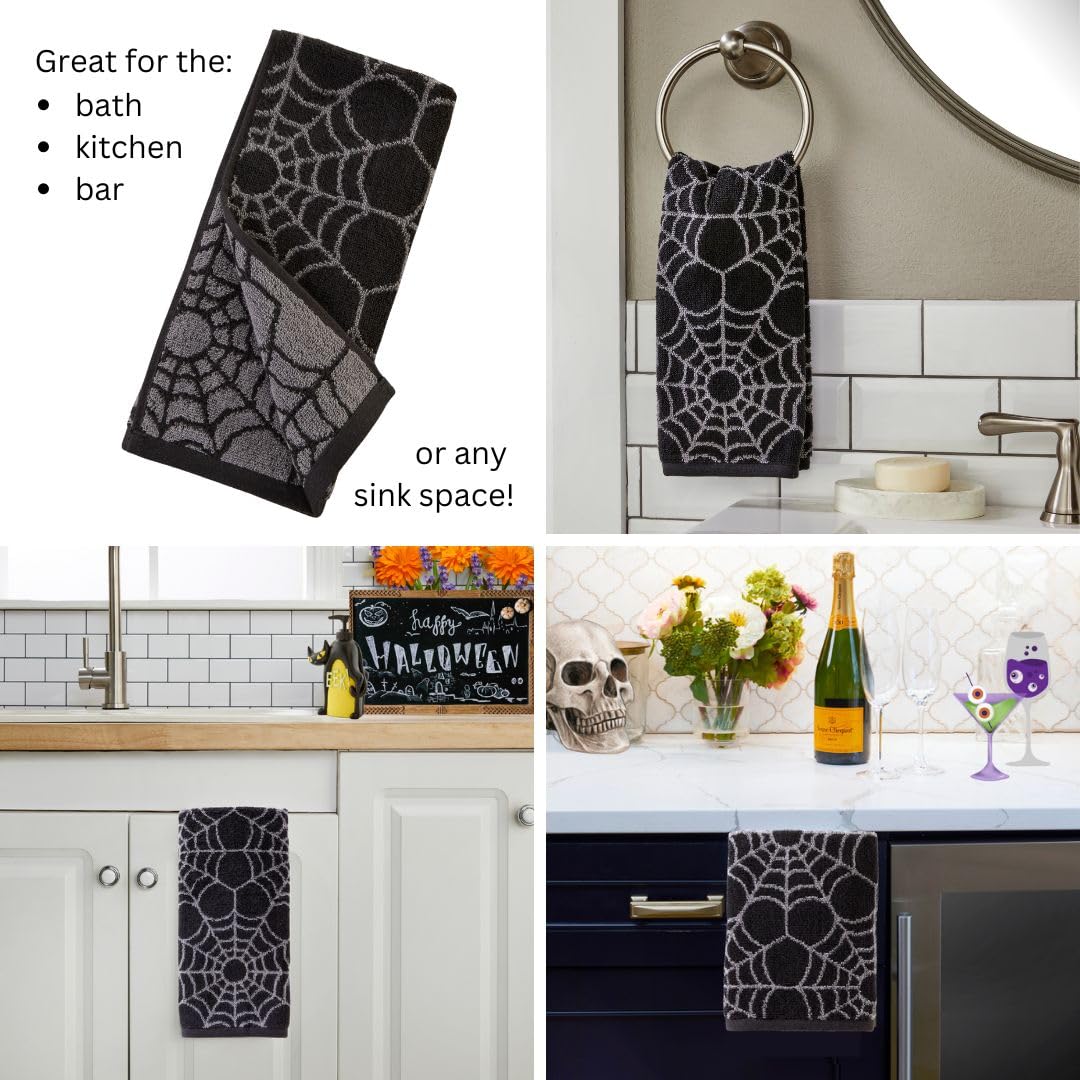 Skl Home Halloween Spider Web Hand Towel 2Pc Set For Bath/Kitchen/Bar & Gift, Black