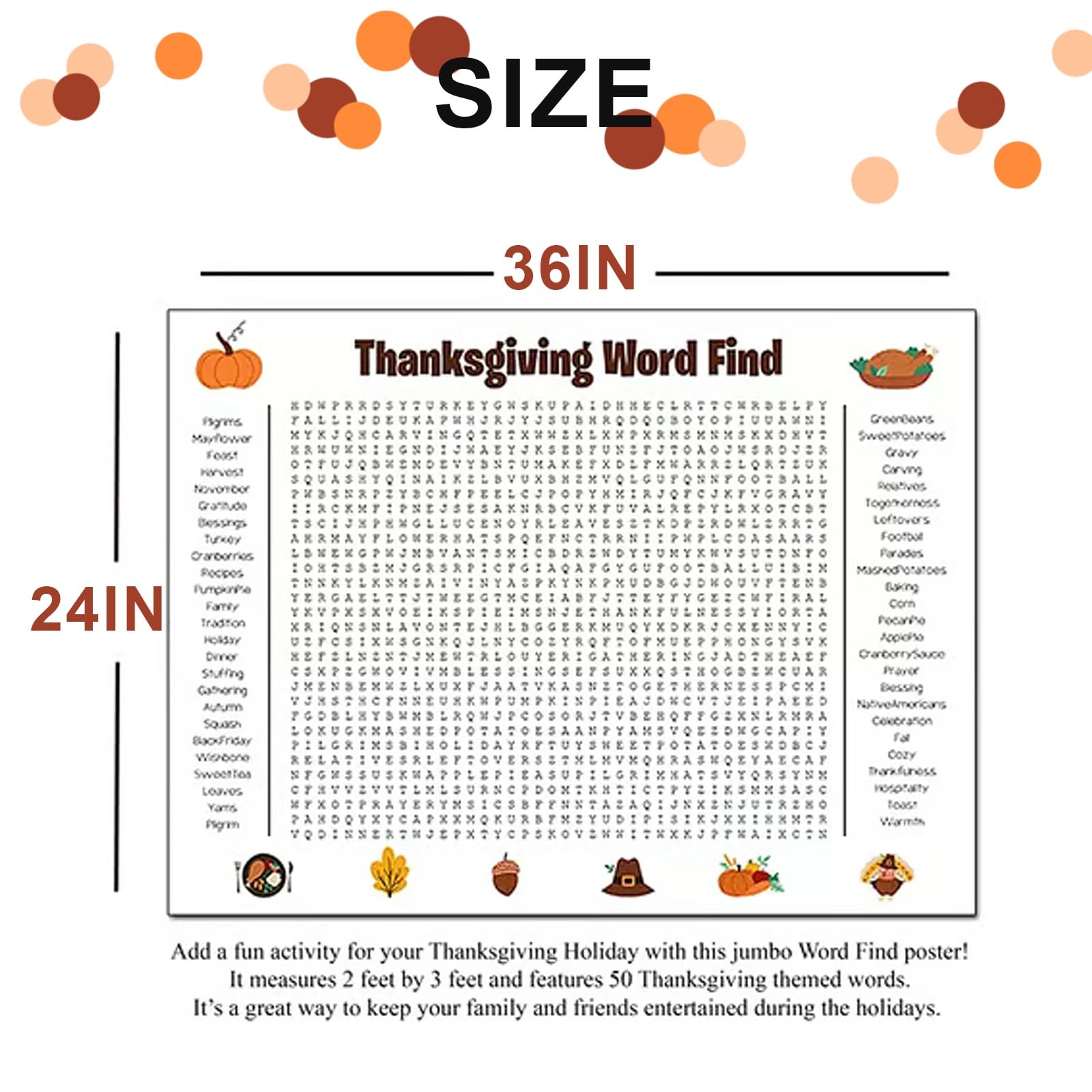 Jumbo Thanksgiving Word Search Poster - Giant 36X24 Wall Game, 2026 New Giant Thanksgiving Activity Poster, Family Holiday Party