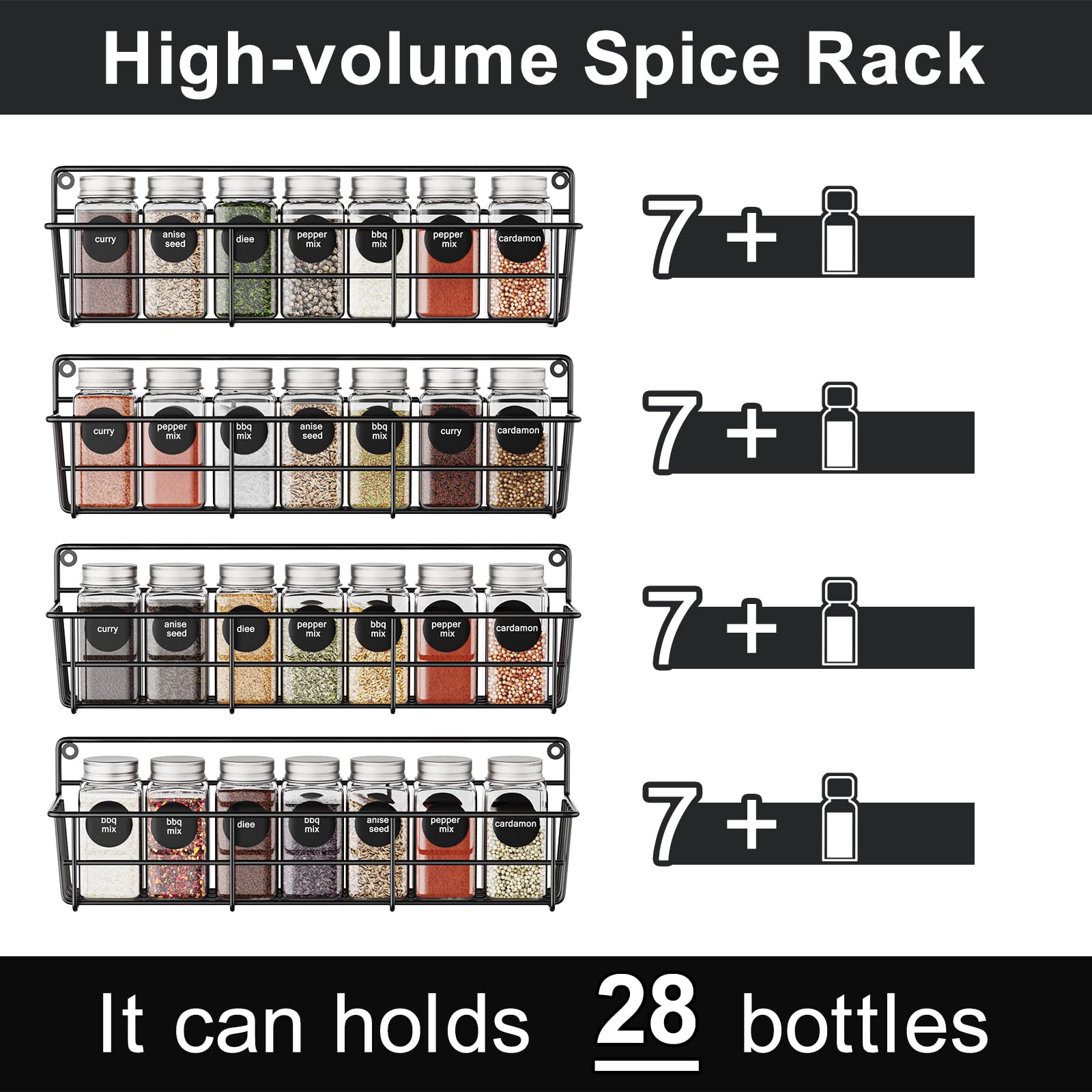 Mystozer Spice Rack Organizer Wall Mount, Hanging Spice Pantry Storage Shelf Organization, 4 Pack Space Saving Seasoning Organiz