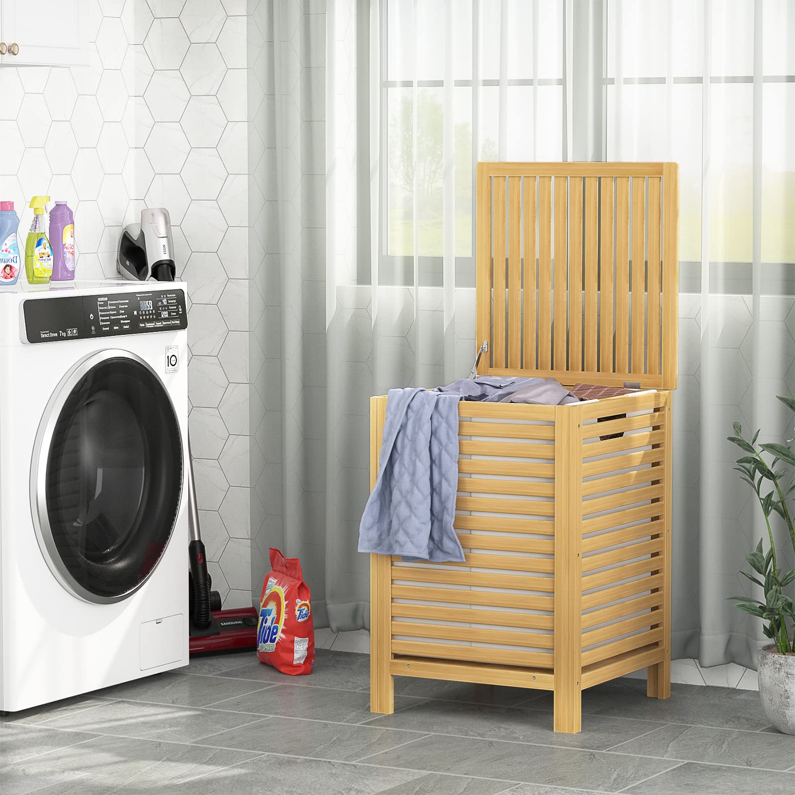 Homykic Bamboo Laundry Hamper  2-Section 120L Laundry Hamper with Lid and Removable Liner Bag  Large Raised Laundry Basket Sorter?for Clothes  Bathroom  Bedroom  Easy to Assemble  Natural