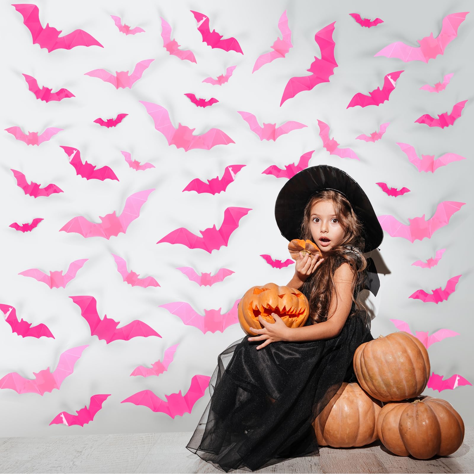 Whaline 112Pcs Halloween Wall Decoration 3D Bats With Foam Adhesive Pink And Rose Red Waterproof Spooky Bats Stickers Hocus Pocu