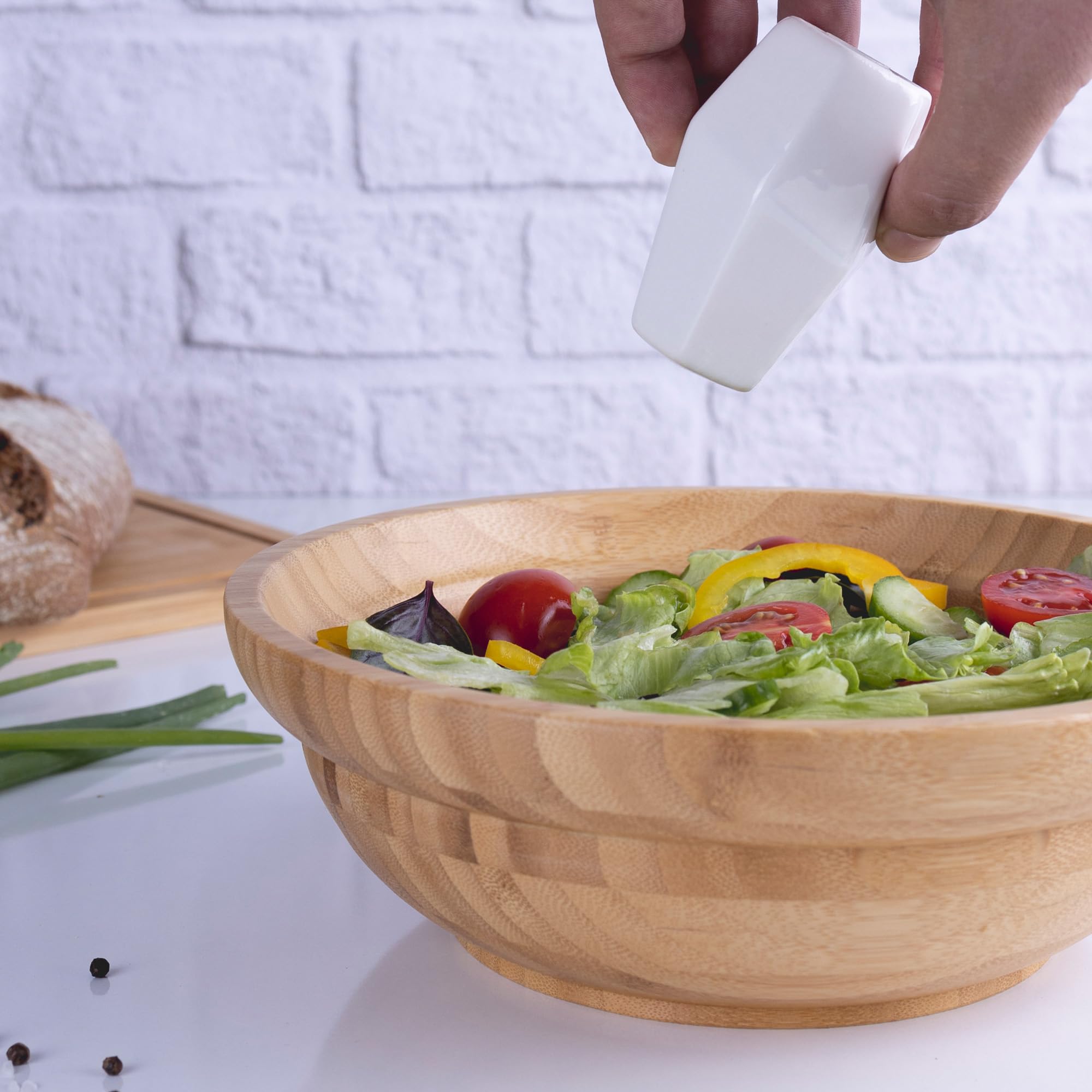 Bambum Minola Bamboo Salad And Fruit Bowl With Lid, 9.6'' Diameter X 3.7'' Height, Natural Bamboo Wood Salad And Fruit Bowl, Woo