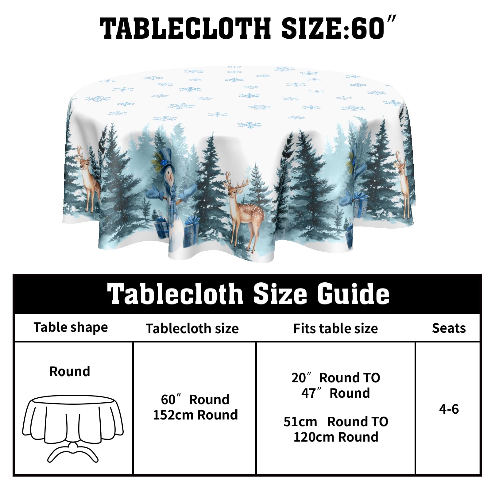 ABSOP Christmas Reindeer Round Tablecloth Xmas Snowflake Pattern 60 Inch White Blue Table Cloth Winter Holiday Table Cover Washa
