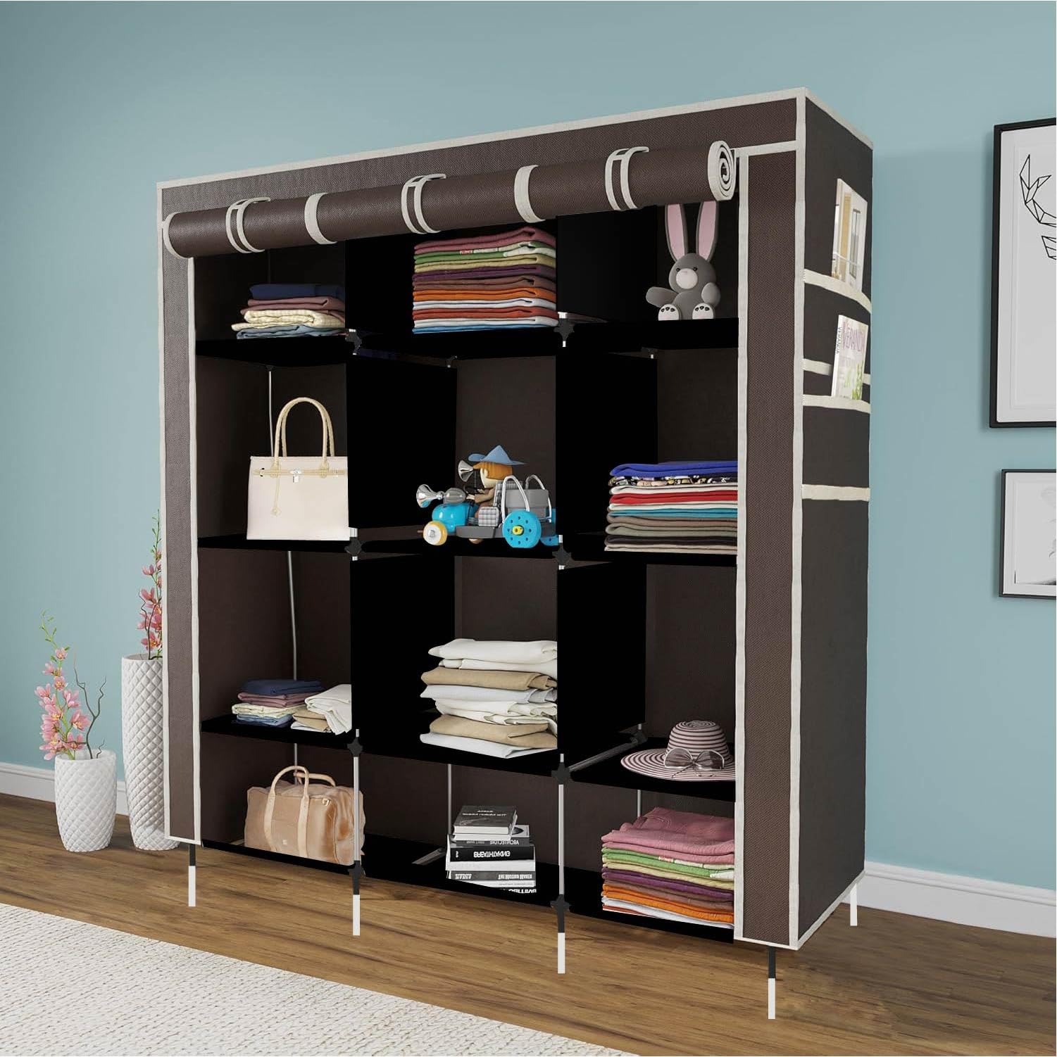Gtc 12 Shelves Collapsible Foldable Wardrobe Storage Organizer Shelves For Clothes Racks Fabric Almirah Brown 88350