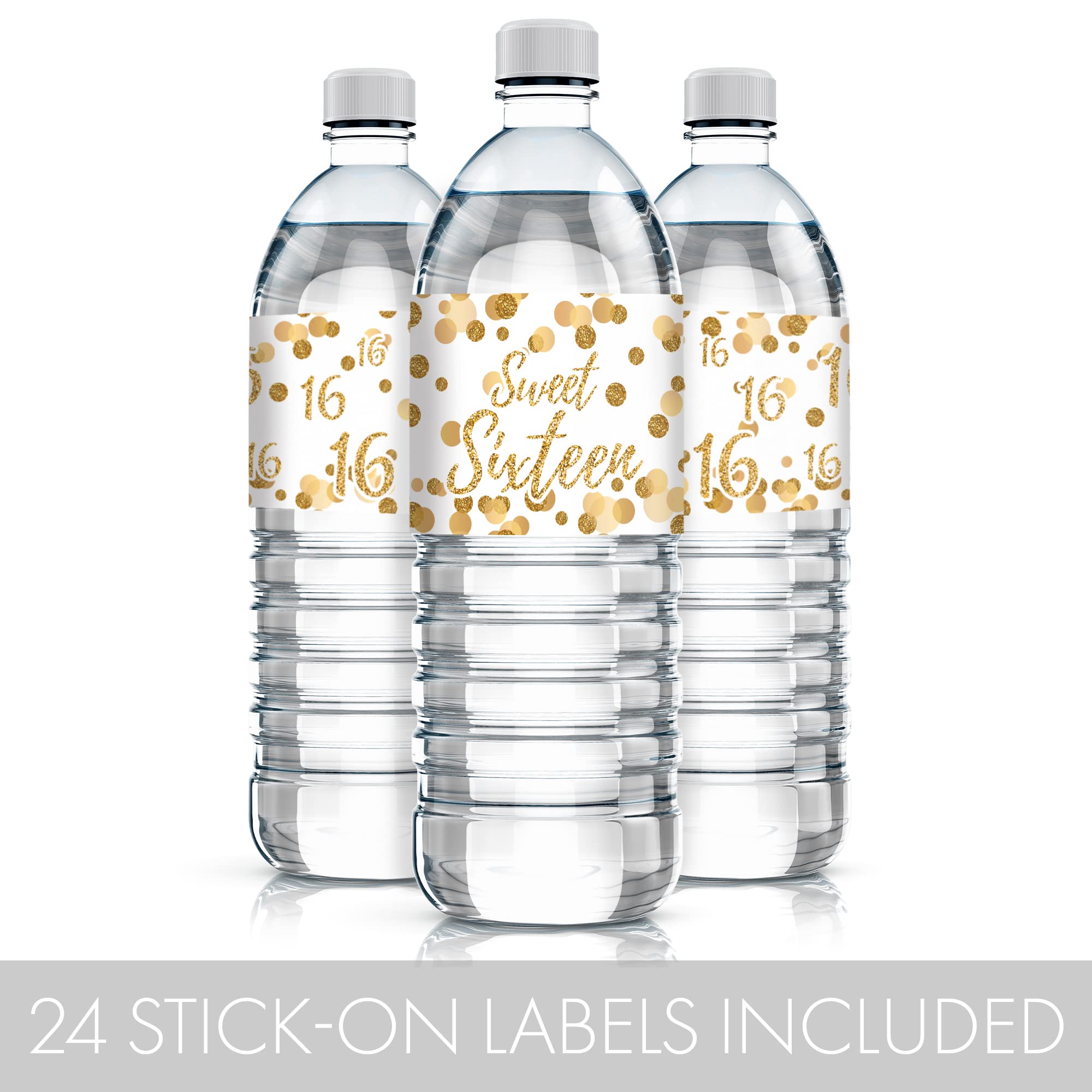 White And Gold 16Th Birthday Sweet Sixteen Party Water Bottle Labels - Waterproof Wrappers - 24 Stickers