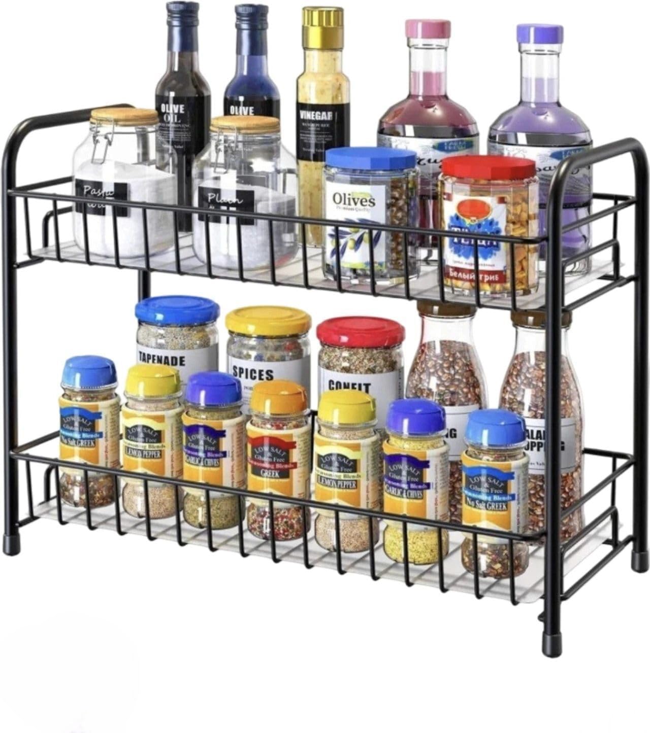 Anjil Iron Kitchen Storage Rack, 2Tier Countertop Organizer For Jars, Bottles, Spices, 40X18.5X31.5 Cm, Black
