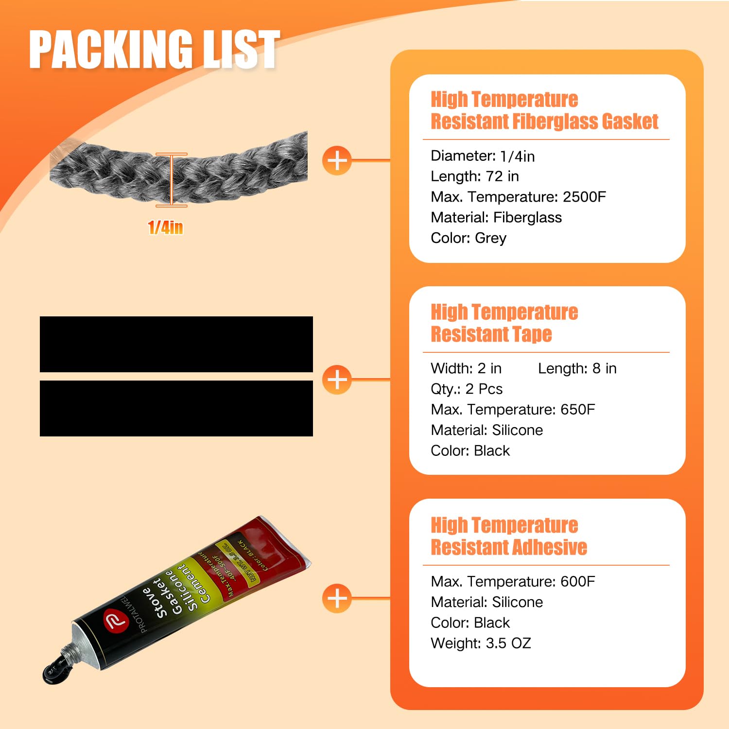 Protalwell Wood Stove Gasket Kit, 1/4" High Temperature Fiberglass, Gray, Model G-1-4-K