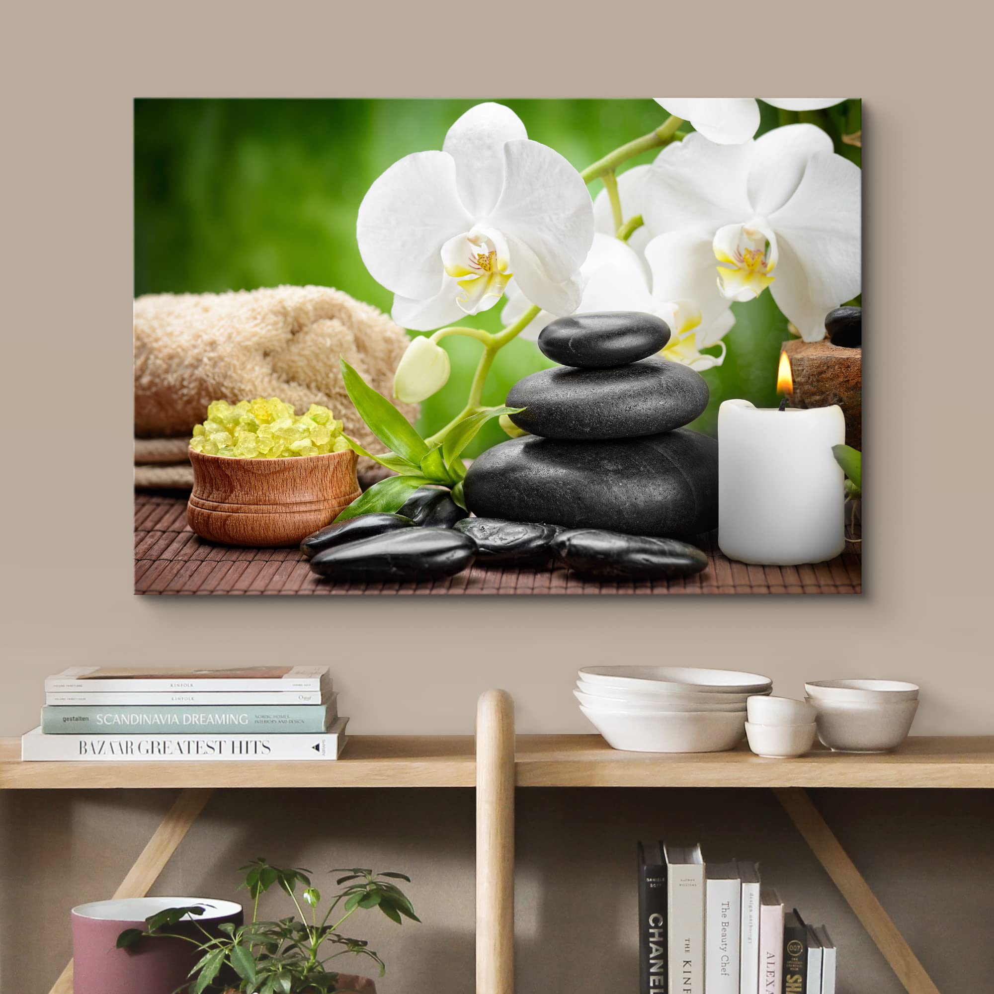 Wall26 Canvas Print Wall Art White Orchid Flowers Meditation Zen Yoga Massage Pebble Nature Wilderness Photography Realism Lands