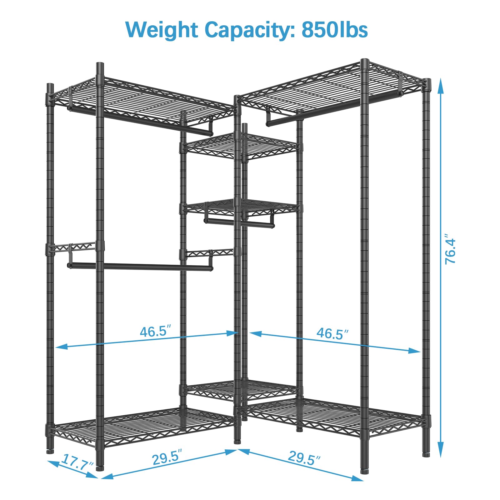 Vipek L6 Heavy Duty Clothes Rack L Shape Clothing Rack 5-Tier Wire Garment Rack Freestanding Closet With 7 Adjustable Shelves &