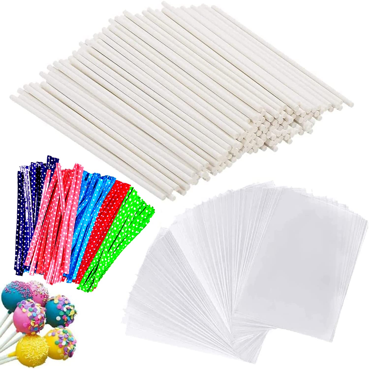 Fuator 300 Pcs Lollipop Cake Pop Sticks Set 5.9 In, Cake Pop Bags (5.9''X3.1''), Colorful Metallic Twist Ties, For Diy Lollipops