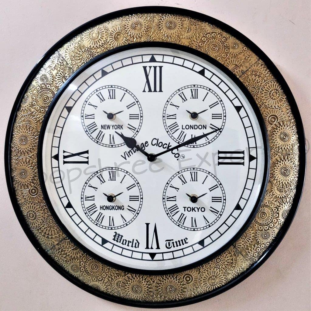 Vintage Clock Large Handcrafted Brass Inlay Wooden Clock / 1 Year Warranty/World Clock Numerals (Vc-1711-16-Wc)