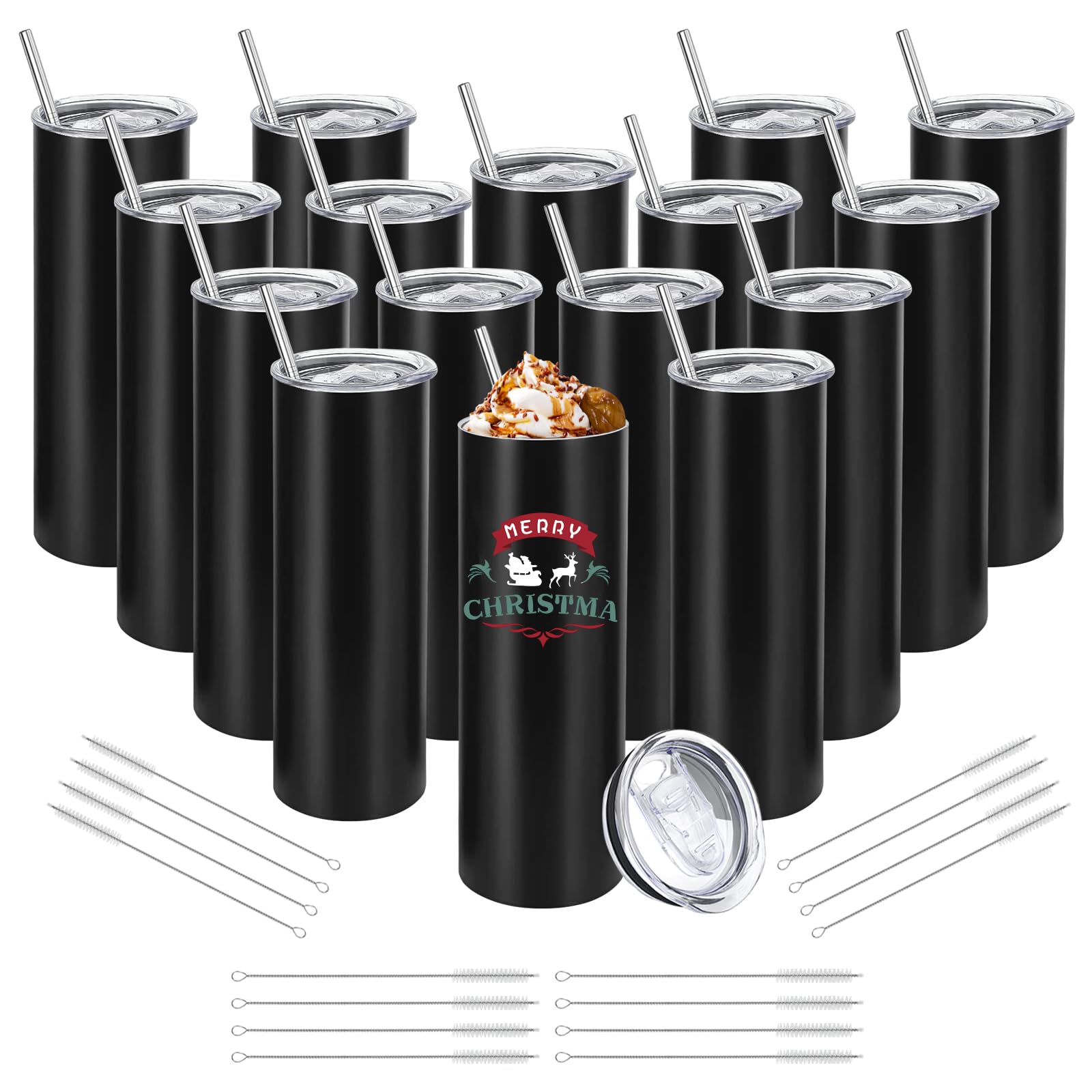 Youke Ola 16 Pack Stainless Steel Skinny Tumblers Straight Double Wall Insulated Tumbler Bulk With Lid And Straw For, Diy Gift, 