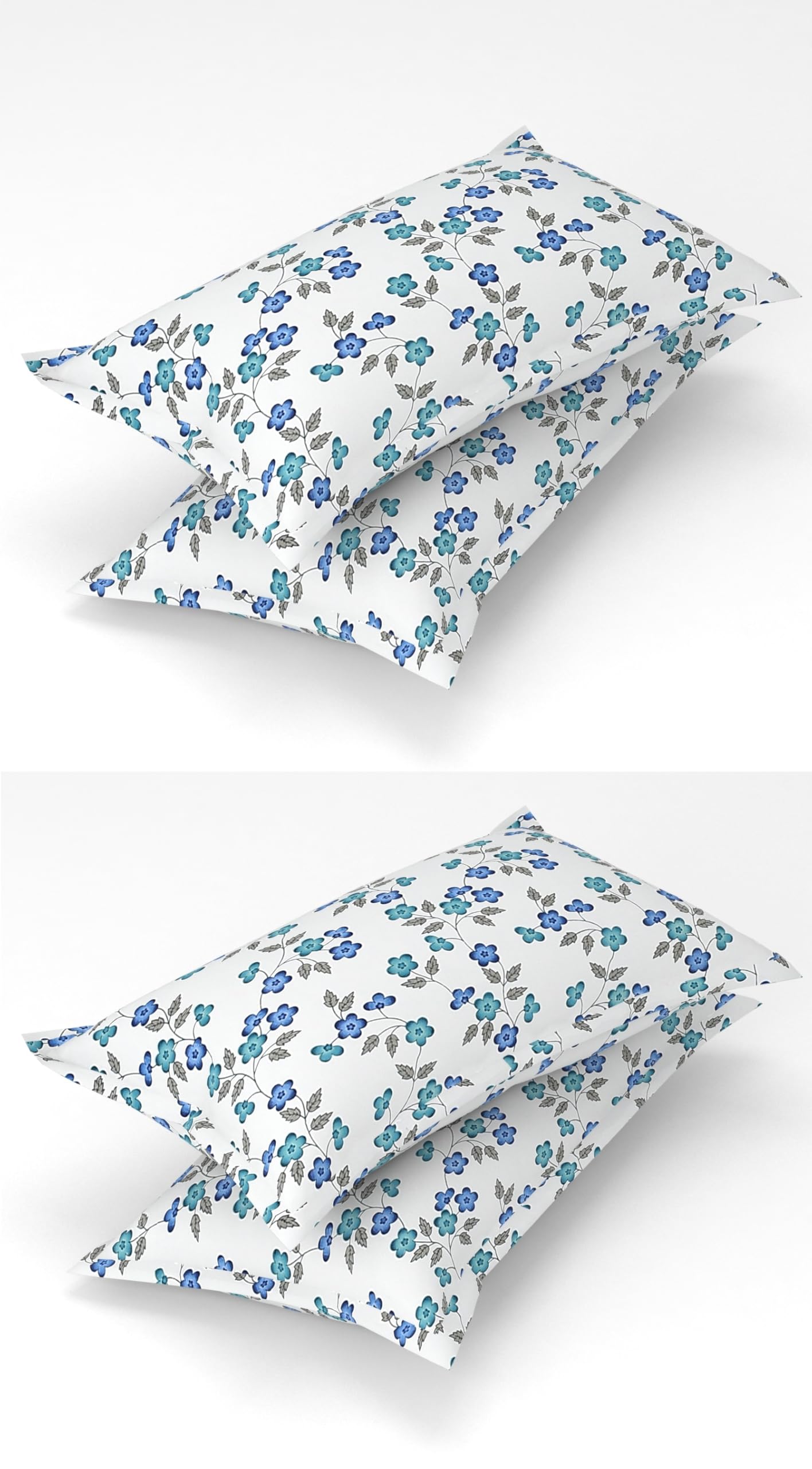 Homefab India 4 Piece Printed Glace Cotton Pillow Covers - White, Blue, Floral