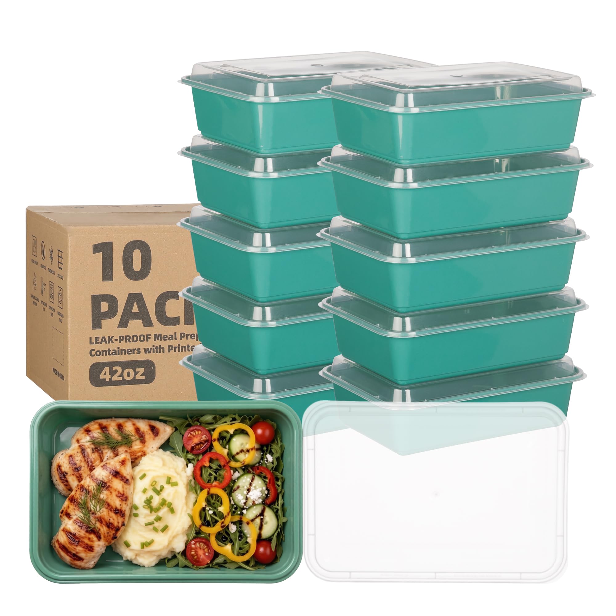 Moiturti 10 Pack 42 oz Reusable Meal Prep Containers with Lids, Dark Green