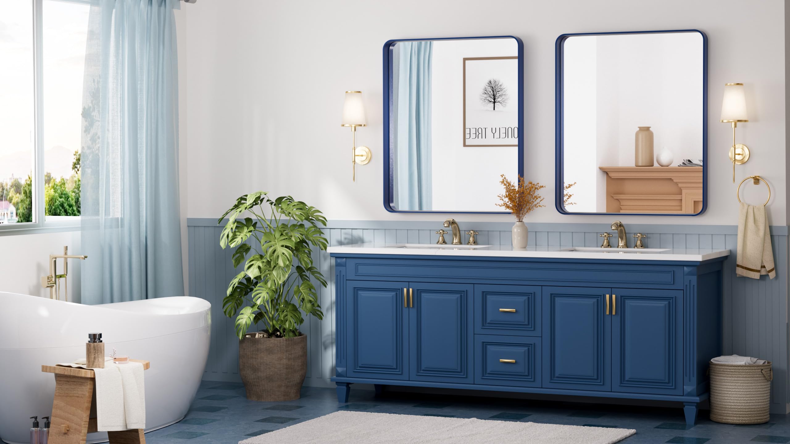 Tetote 30 X 36 Navy Blue Frame Mirror For Bathroom Metal Frame Wall Mounted Rectangle Mirror For Vanity With Sandy Textured Surf