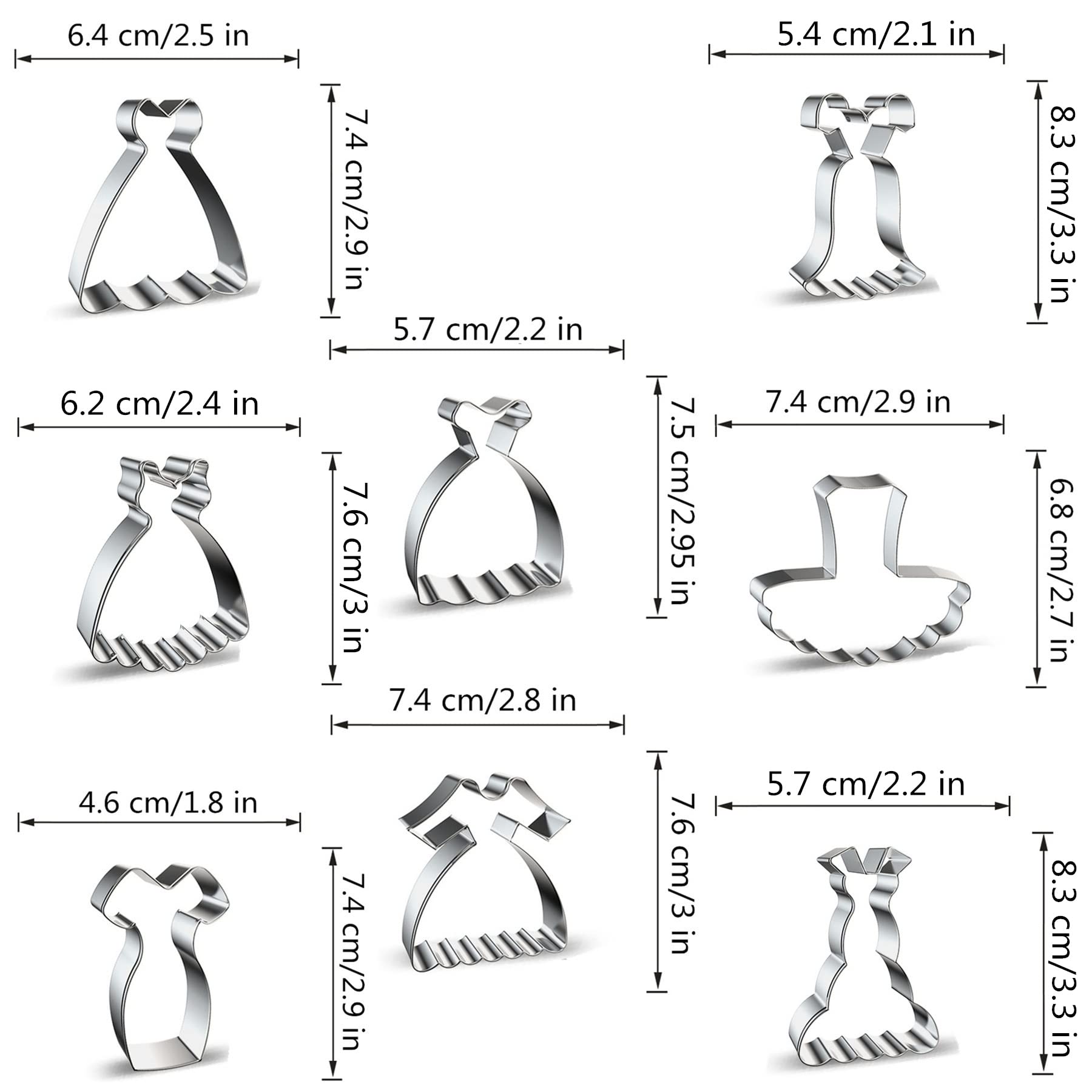 Dress Shaped Cookie Cutters Set Of 8 Pcs, Stainless Steel Wedding Dress Princess Dress Fondant Cutter Molds Baking Diy