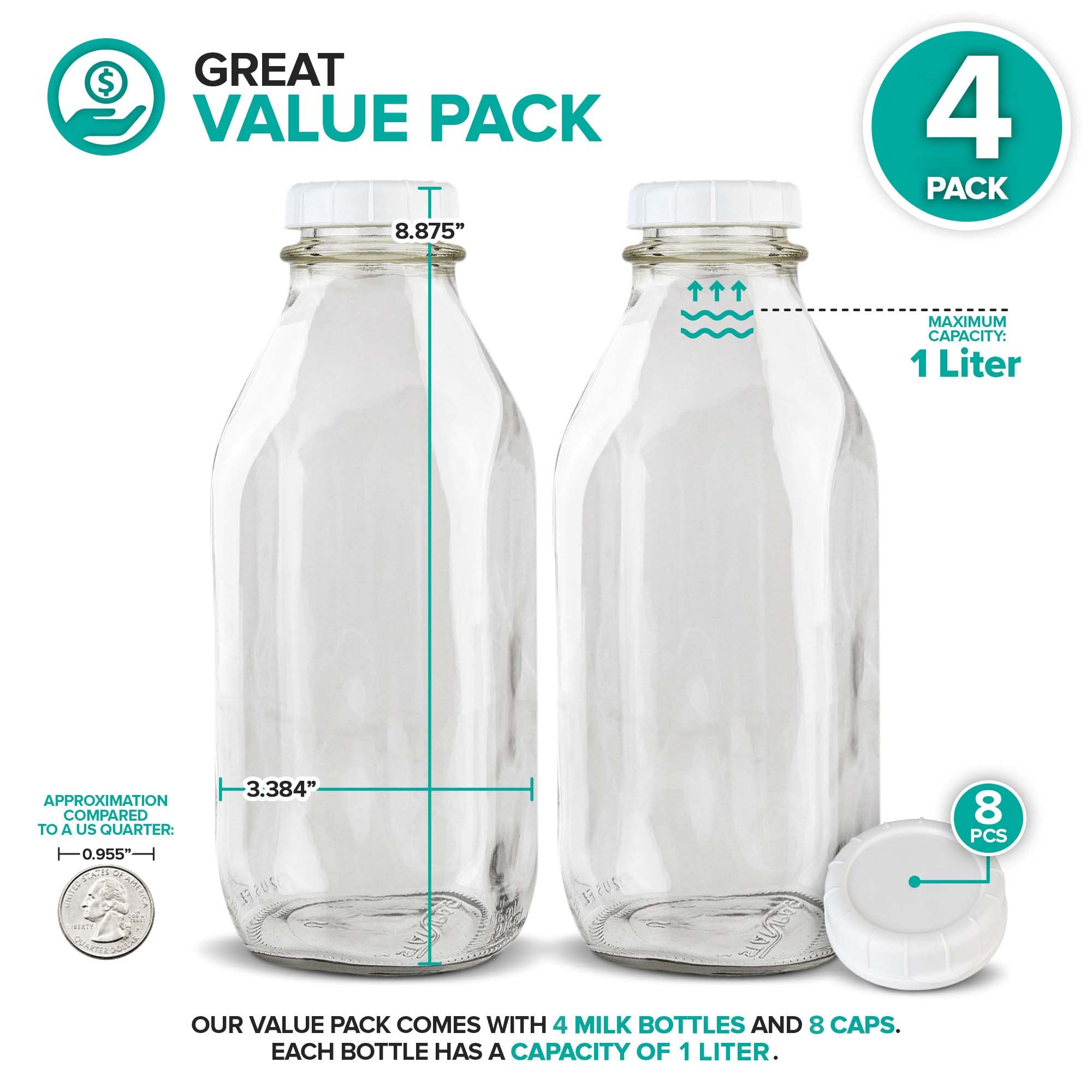 Stock Your Home Liter Glass Milk Bottle With Lid (4 Pack) 32 Oz Jugs And 8 White Caps, Reusable Food Grade Container For Refrige