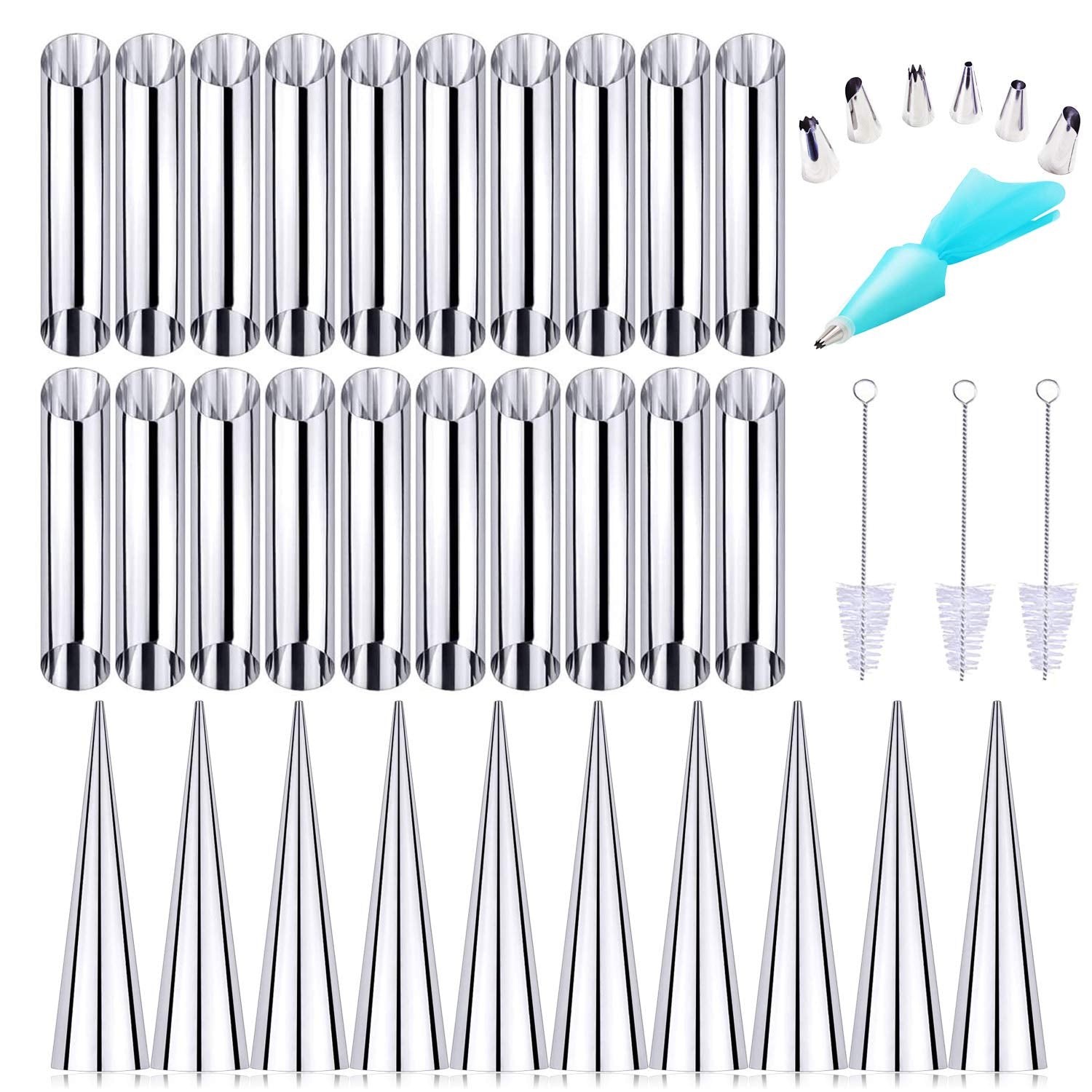 Woohome 34 Pcs Stainless Steel Cannoli Form Tubes, Cream Horn Mold, 20 Pcs Diagonal Shaped And 10 Pcs Cone Tubular Shaped Mold,B